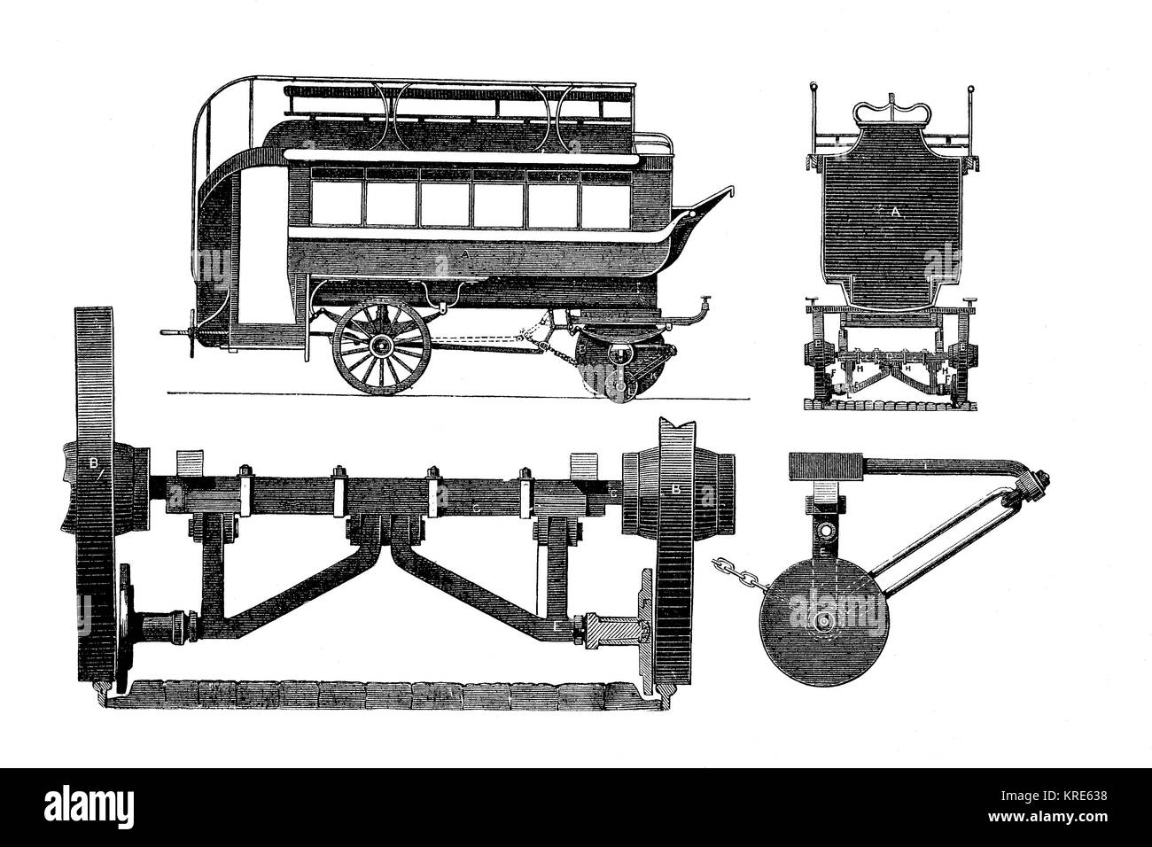 Différentes vues d'un wagon à la frontière, un bus pour les rails et la route, de l'ingénierie industrielle, produit à partir de l'année 1880, l'amélioration de la reproduction numérique d'un bois Banque D'Images