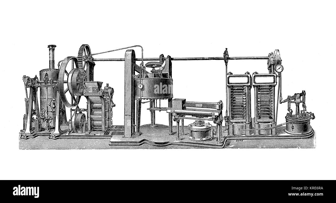 Un moulin à huile selon le système anglo-américain du R. P. Fischer & Co., Allemagne, il appuie sur divers produits industriels des oléagineux, de l'y Banque D'Images