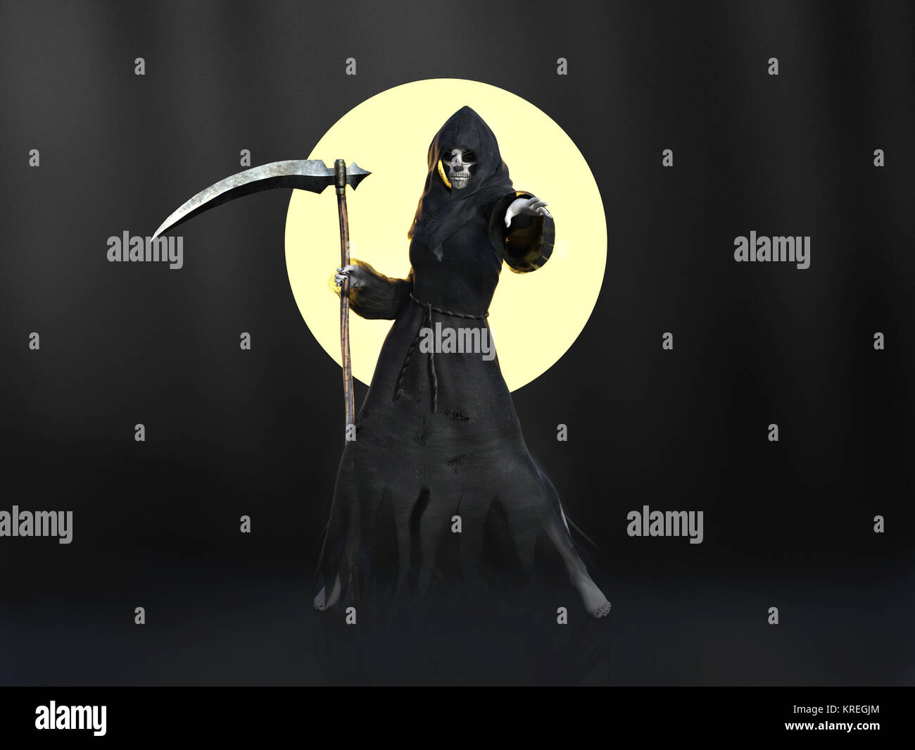 Le rendu 3D de femme ou une sorcière reaper contre la pleine lune. Banque D'Images