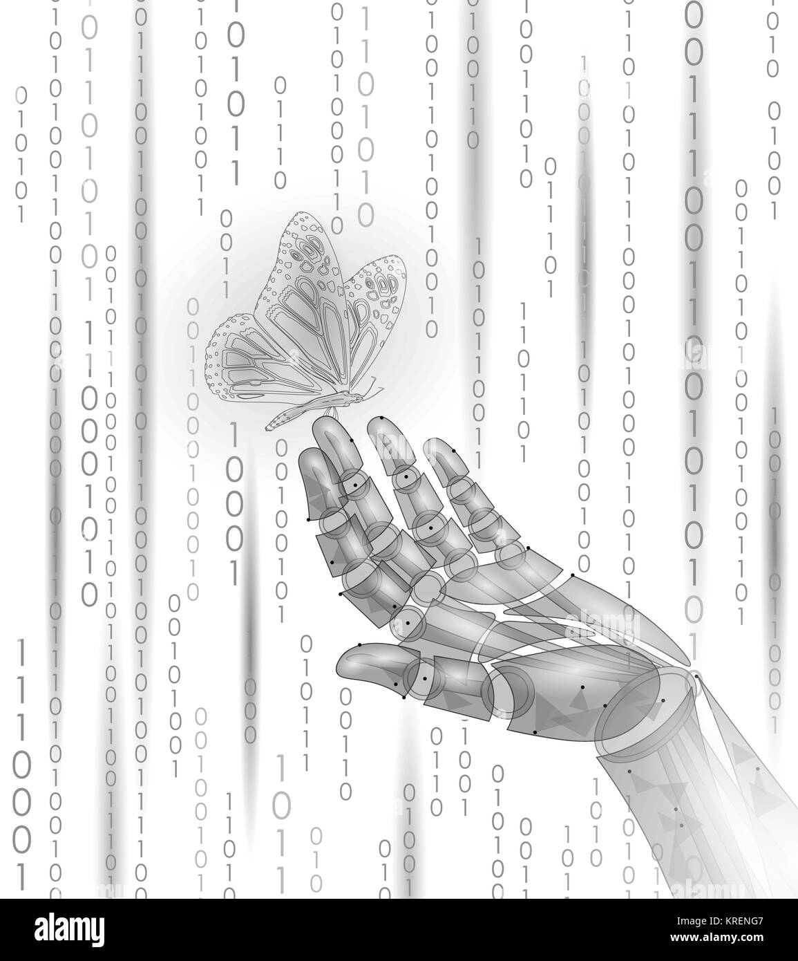 Papillon sur la main doigt robot mécanique. Technologie innovation géométriques polygonales nature futurustic concept de contraste. Numéro de code binaire écologie android vector illustration Illustration de Vecteur