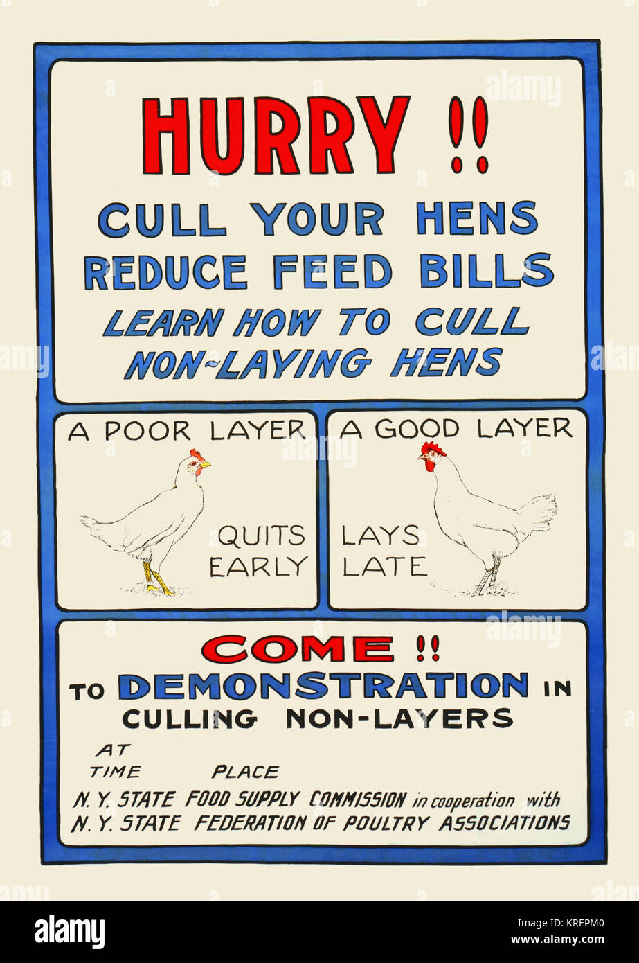 Affiche annonçant une démonstration de compétences en gestion de la volaille par la New York State Commission d'approvisionnement alimentaire. Banque D'Images