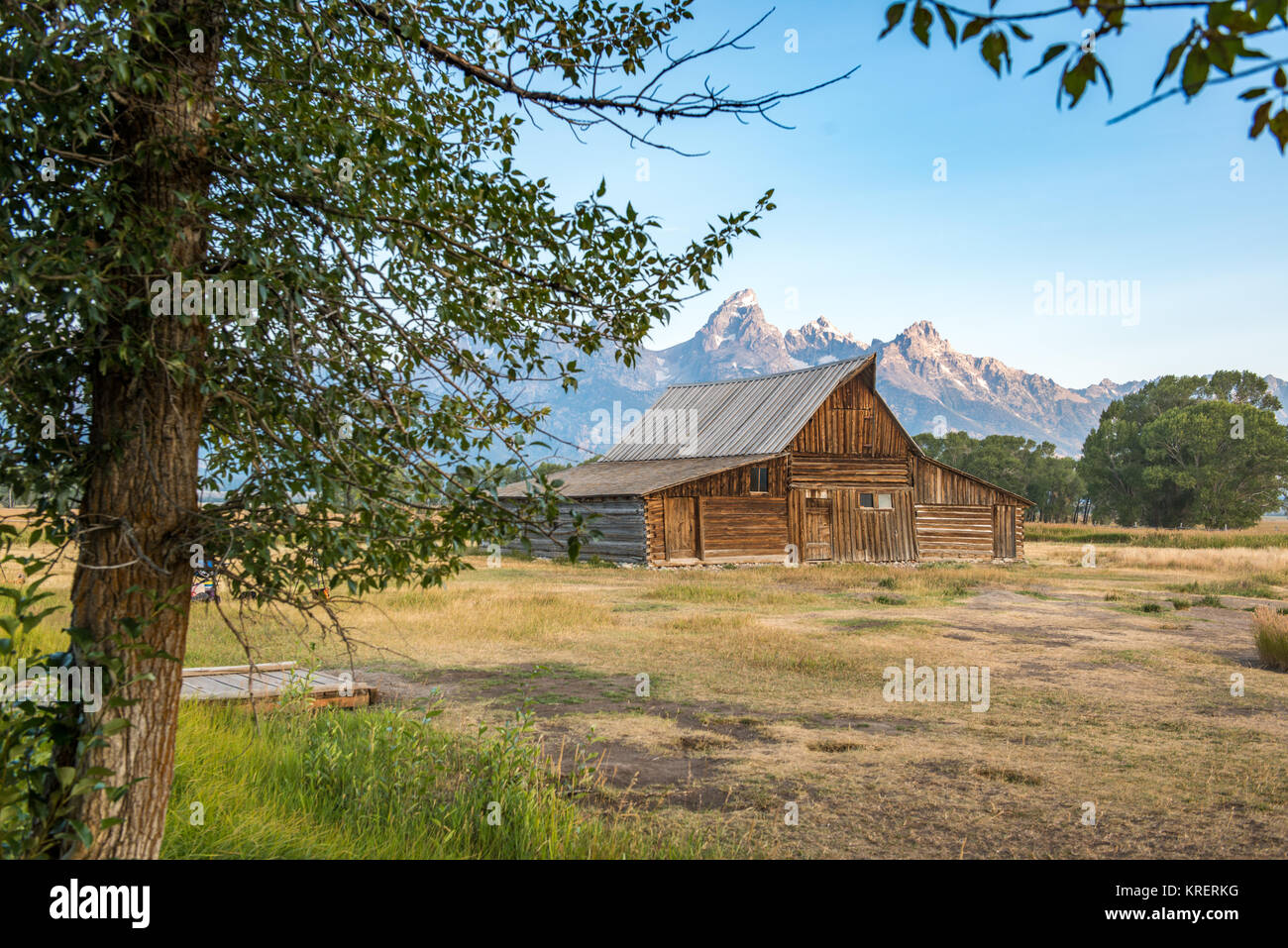Célèbre T.A. Moulton Barn repose en face de Teton Mountain Range, Grand Tetons National Park, Wyoming, comté de Teton Banque D'Images