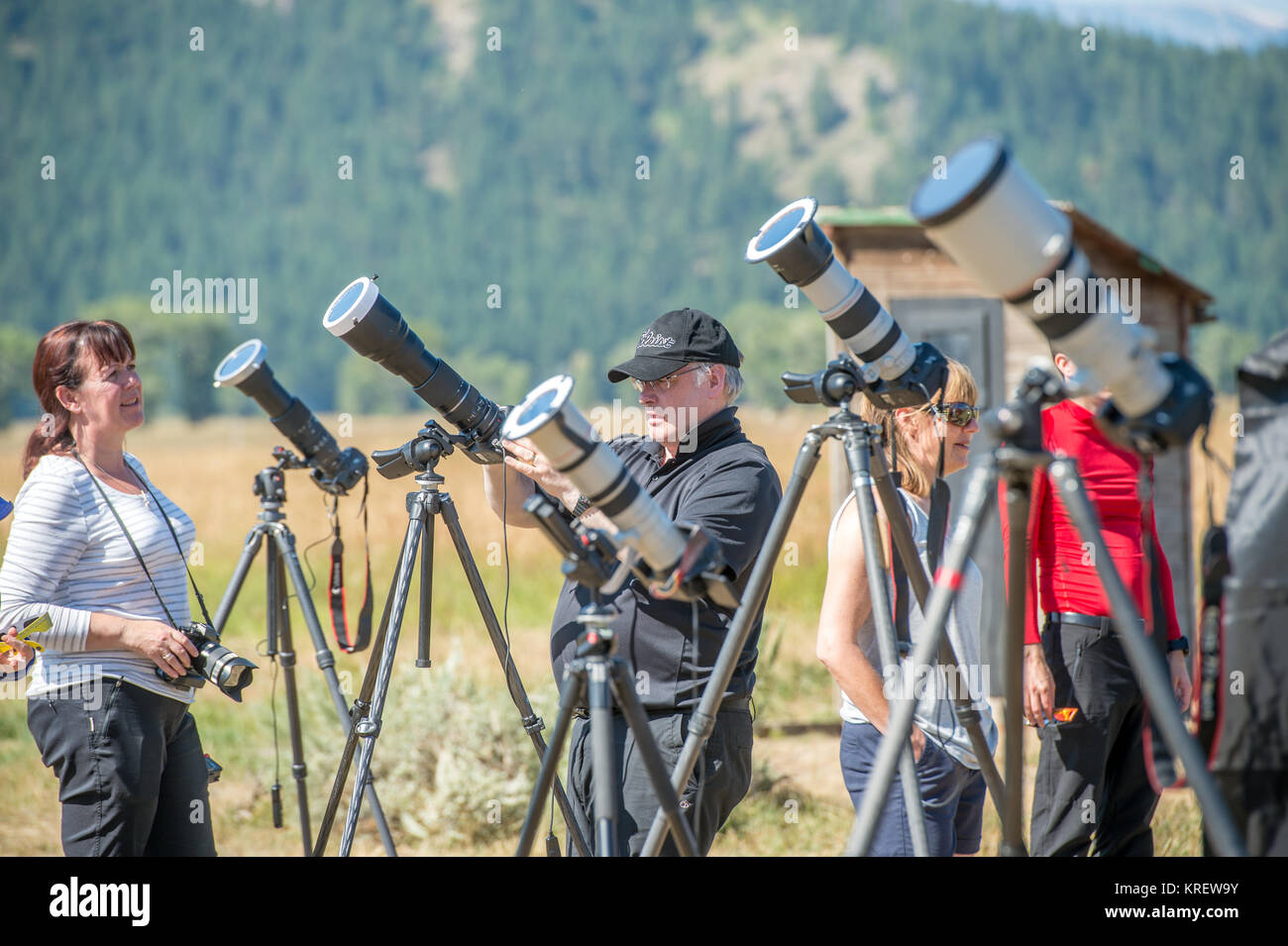 Photographe mâle vérifie son appareil tandis que d'autres photographes se tenir autour de parler, Grand Tetons National Park, Wyoming, comté de Teton Banque D'Images