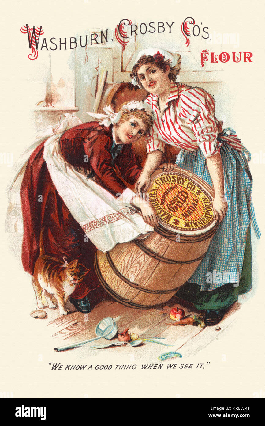 'Victorian trade card pour une farine. Deux femmes de cuisine ''anhandle'' un baril de farine, et il lit, ''Nous savons qu'une bonne chose quand nous voir.''' Banque D'Images