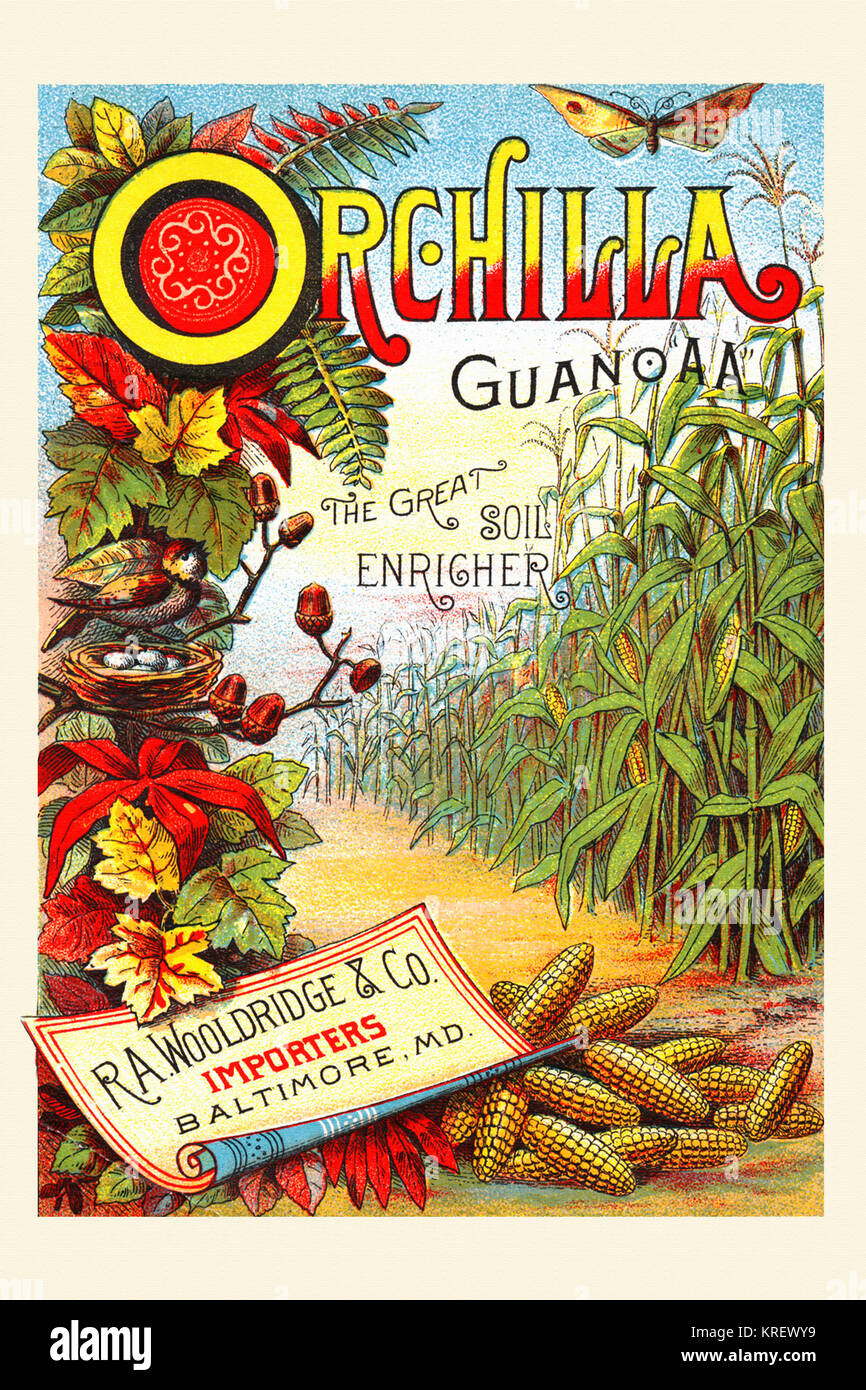 Les 'Grandes Enricher du sol est le slogan sur cette carte commerciale victorienne pour un engrais fait de guano. Le guano peut être oiseau, poisson, ou de chauves-souris, les excréments et est excellent pour les plantes en croissance dans les exploitations agricoles. R.A. Woolridge Importateurs, Baltimore, MD. Banque D'Images