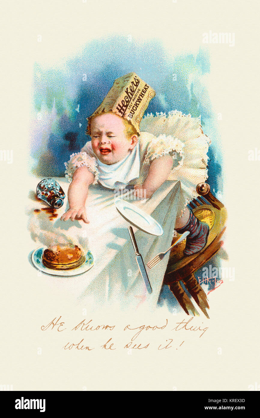 'Victorian trade card pour Heckers. Montrant un bébé atteint de la nourriture. ''Il sait une bonne chose quand il voit qu'elle.''' Banque D'Images