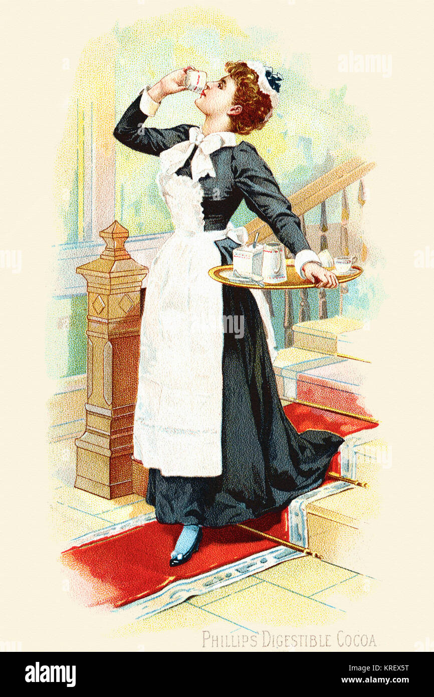 'Victorian trade card pour Phillips. Cacao digestible Une femme boit le cacao sur le chemin vers le bas de l'escalier, c'était tellement bon qu'elle ne pouvait pas attendre." Banque D'Images