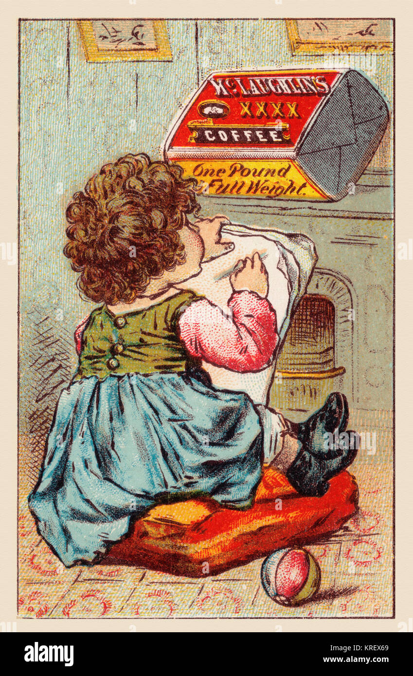 'Victorian trade card pour McLaughlin est XXXX montrant un enfant Café avec une feuille, dessiner les grandes et emballage multicolore de café." Banque D'Images