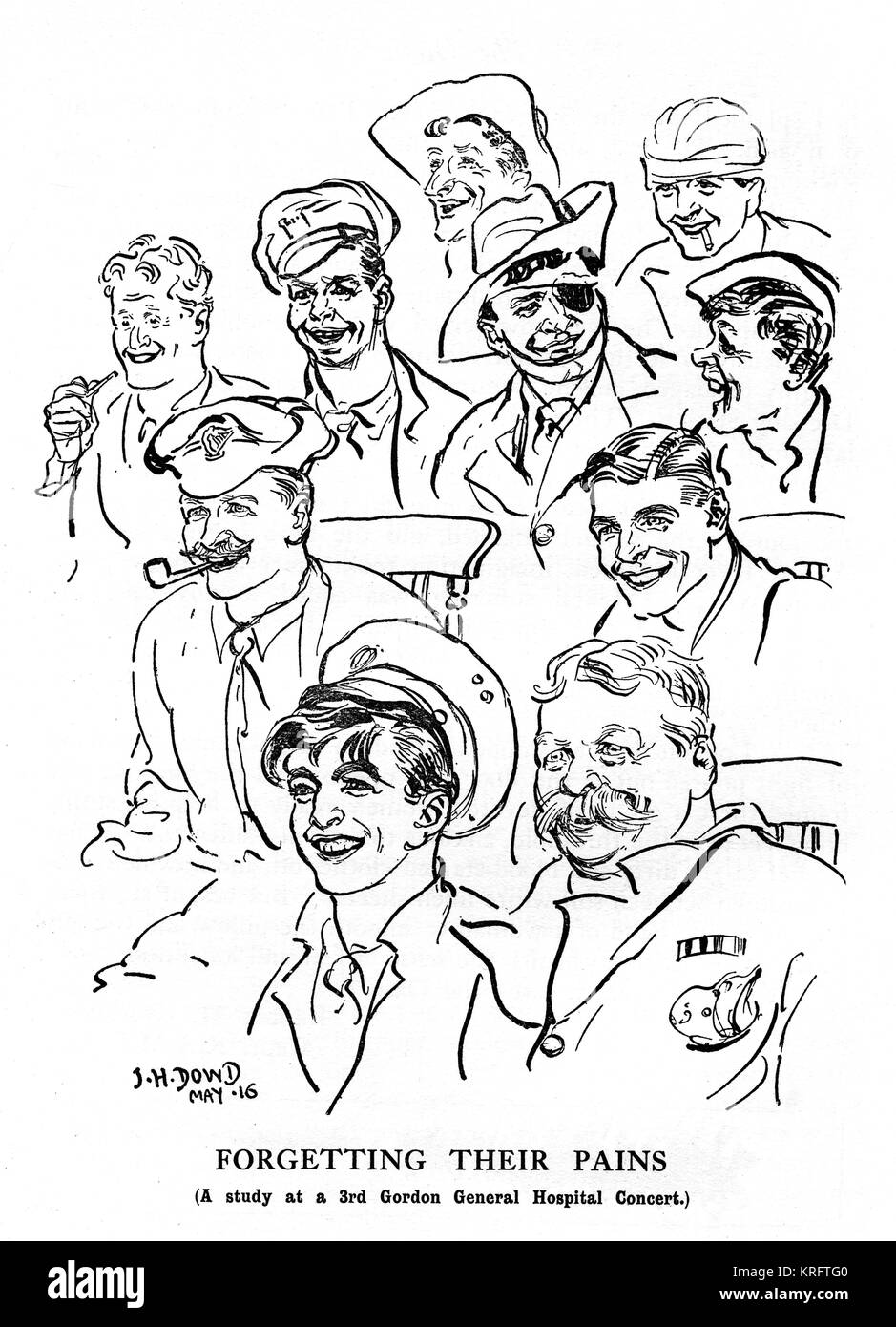 Une étude des différents visages de soldats convalescents profitant des animations à l'Hôpital général Gordon 3e Concert. Date : 1916 Banque D'Images