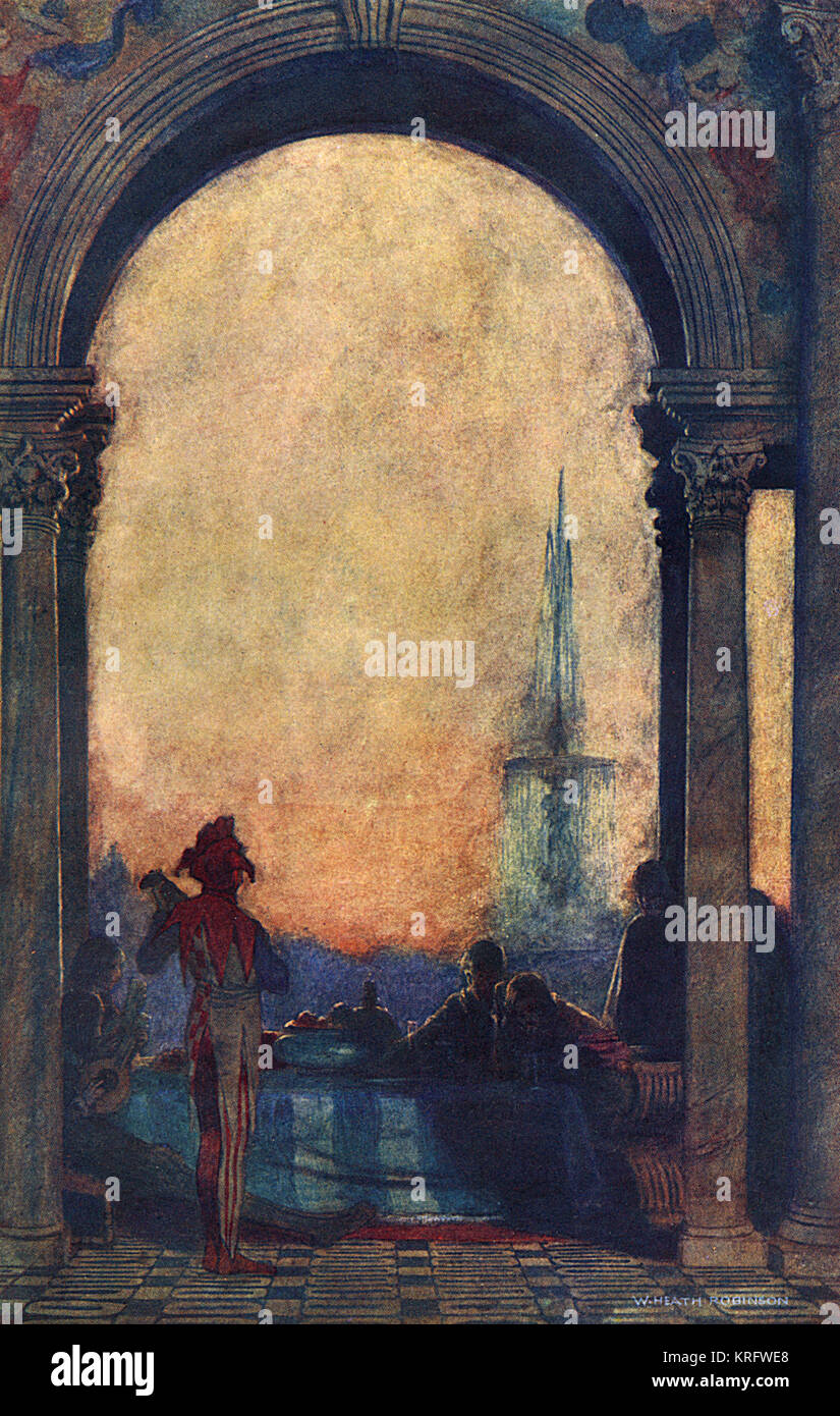 Scène de la comédie de Shakespeare, Twelfth Night, Acte II scène iv, illustration par William Heath Robinson. Montrant un banquet à Orsino's house, avec le clown Feste chante une chanson d'amour triste. Doit apparaître comme : Avec la permission de Mme J. C. Robinson/Stellina Ltd/Mary Evans Picture Library Date : 1947 Banque D'Images