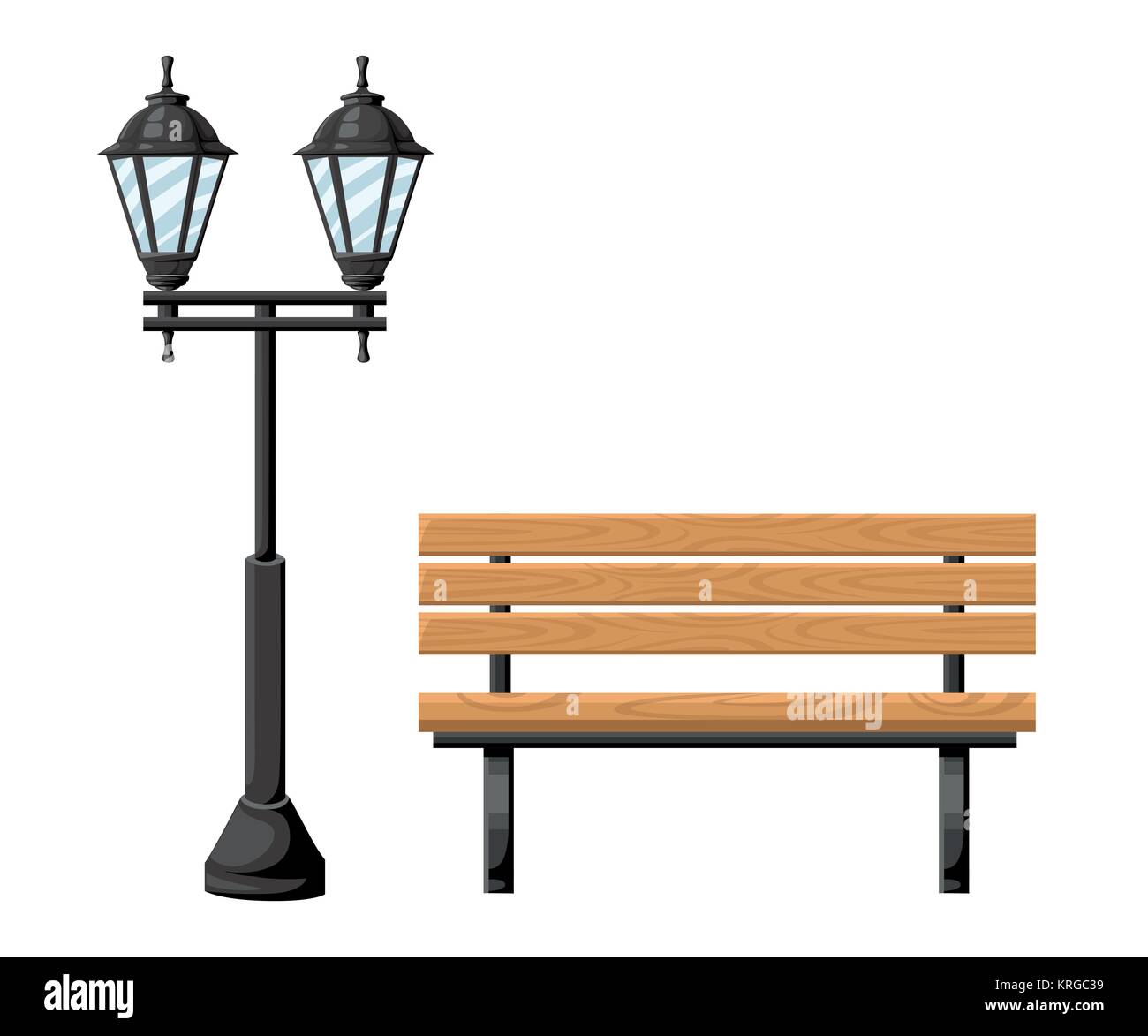 Banc bois extérieur et metal street light/afficher un objet pour park cottage et résidus de vector illustration isolé sur fond blanc d'une page de site web Illustration de Vecteur