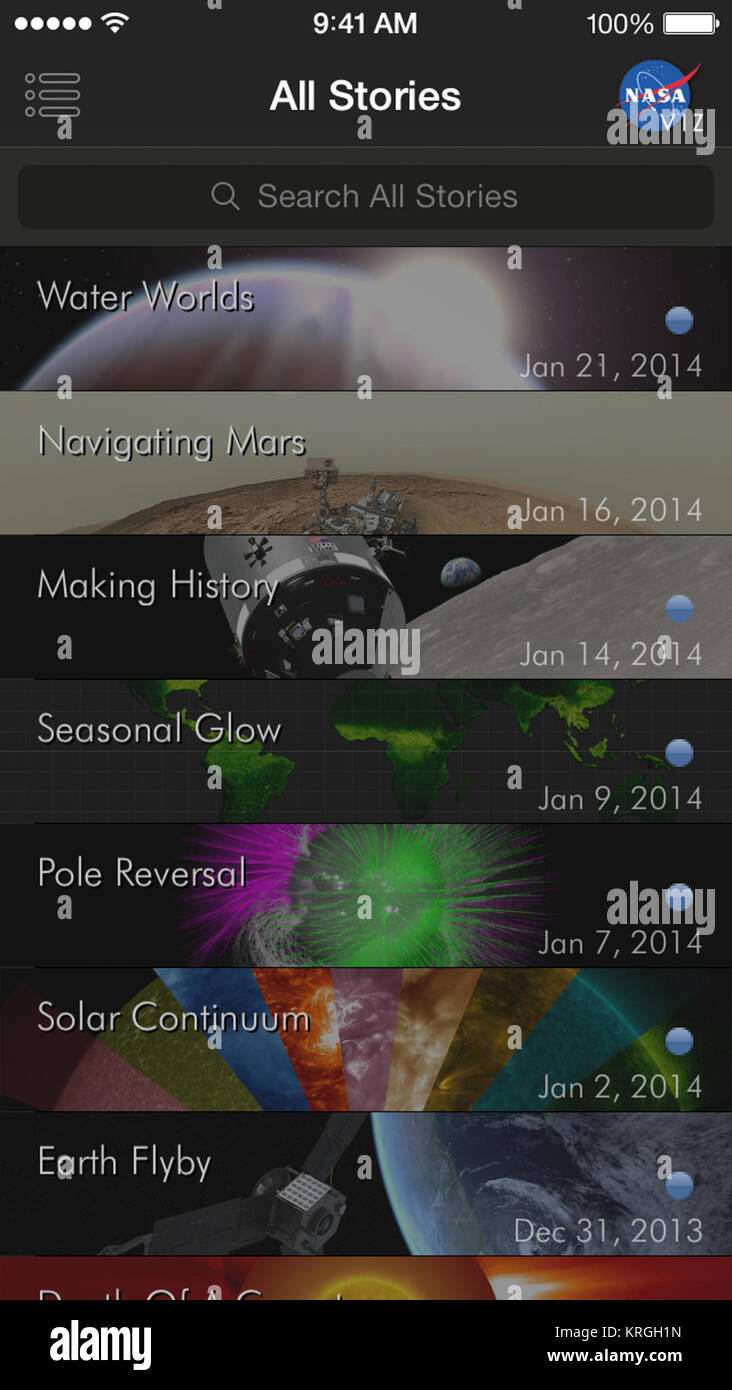 NASAViz Liste d'histoires sur la visualisation de la NASA iPhone Explorer est maintenant disponible pour tous les appareils iOS la visualisation de la NASA populaires Explorer app, lancé pour la première fois en juillet 2011, l'iPad est maintenant disponible pour l'iPhone et tous les appareils exécutant iOS 5.1 + une nouvelle version universelle de l'application est maintenant disponible au téléchargement dans l'iTunes App store. Http://svs.gsfc.nasa.gov/nasaviz/ : Cliquez ici pour télécharger l'app l'app, qui comprend le travail de visualisation de données scientifiques de la NASA Visualisation Studio, Observatoire de la terre et d'autres, publie deux articles par semaine sur la gamme complète de NASA's Banque D'Images