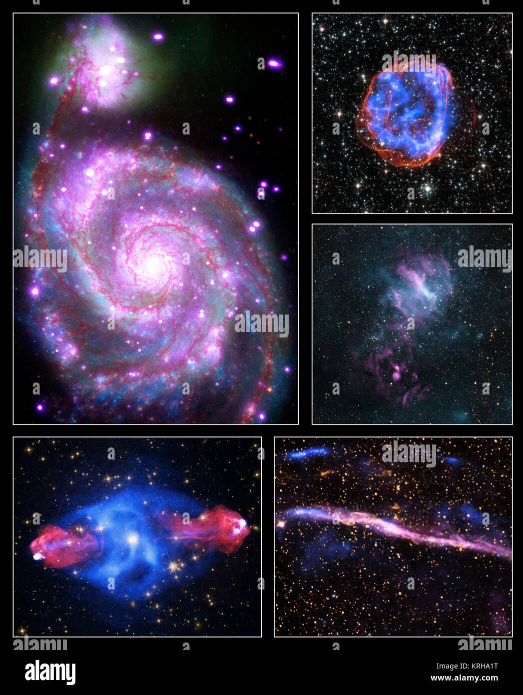 Ce montage présente des illustrations de cinq objets différents, allant d'une galaxie éloignée d'une supernova relativement proches. Chaque image contient des rayons X de Chandra le long avec des données d'autres télescopes que détecter différents types de lumière. Ces images ont été libérés pour commémorer le début de l'Année internationale de la lumière 2015, une année de célébrations, déclarée par les Nations Unies. Ces images illustrent comment les astronomes utilisent différents types d'ensemble pour obtenir une vision plus complète d'objets dans l'espace. NASA-2015IYL-Pix-ChandraXRayObservatory Multi-20150122 Banque D'Images