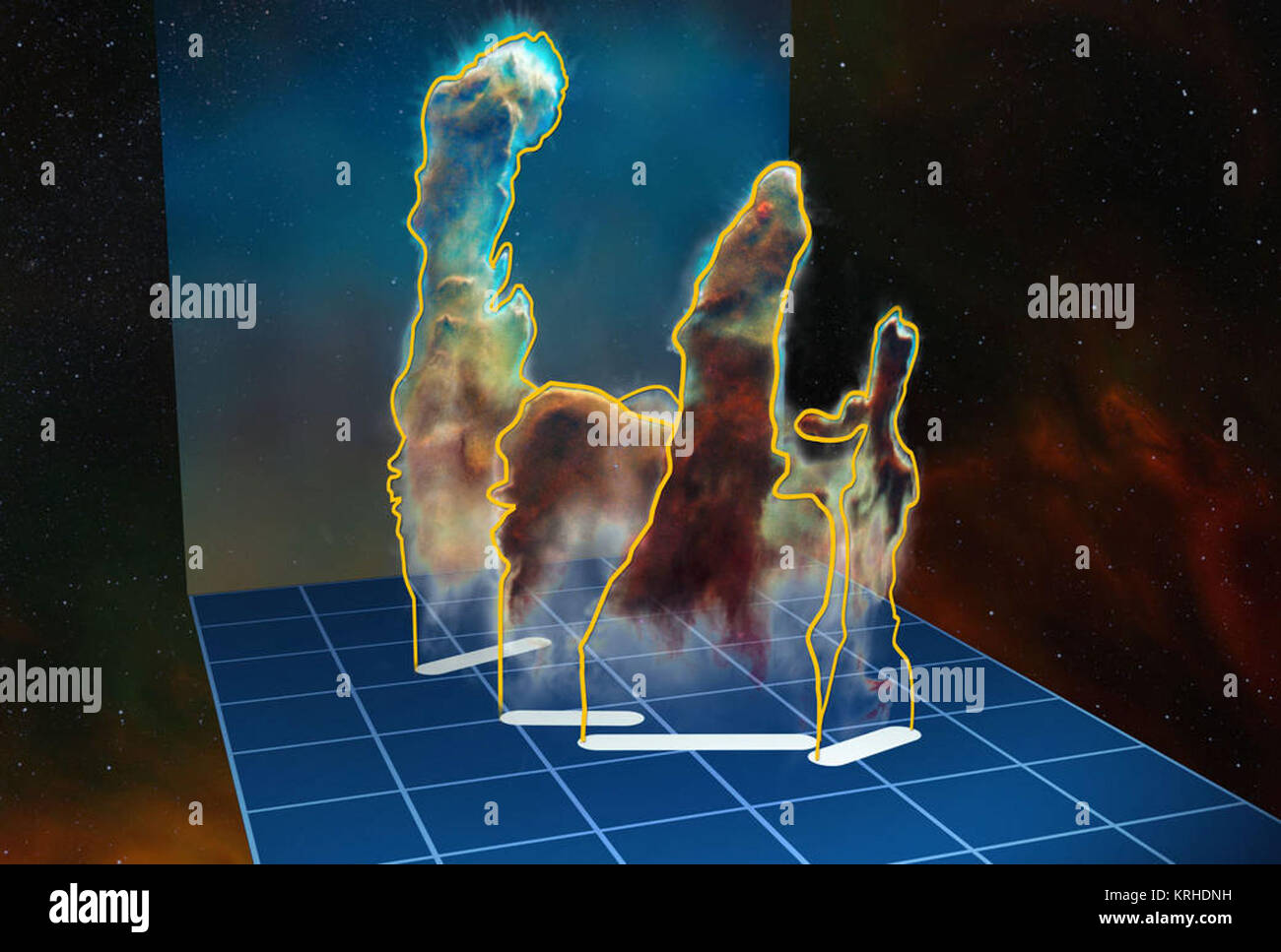 Cette visualisation de la structure tridimensionnelle des piliers de la création au sein de la région de formation d'étoiles Messier 16 (aussi appelée la nébuleuse de l'Aigle) est fondée sur de nouvelles observations de l'objet à l'aide de l'instrument MUSE sur le Très Grand Télescope de l'ESO au Chili. En fait, les piliers sont constitués de plusieurs éléments distincts de chaque côté de l'étoile NGC 6611. Dans cette illustration, la distance relative entre les piliers le long de la ligne de visée n'est pas à l'échelle. Eso1518a Banque D'Images