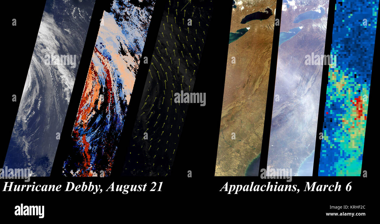 Le Spectroradiomètre imageur multi-angle (MISR) équipe a développé de nouvelles méthodes pour extraire des informations sur les nuages, particules en suspension dans l'air, et propriétés de surface qui misent sur l'instrument est unique, l'approche d'imagerie multi-angle. Cette illustration, en fonction des résultats figurant dans l'échantillon des produits qui viennent d'être rendu public à l'Atmospheric Sciences Data Center (ASDC), met en lumière certaines de ces nouvelles capacités. L'ASDC, situé à le Langley Research Center de la NASA, est le principal centre de traitement et d'archivage des données de la Misr ( eosweb.larc.nasa.gov/ http://eosweb.larc.nasa.gov/ Banque D'Images