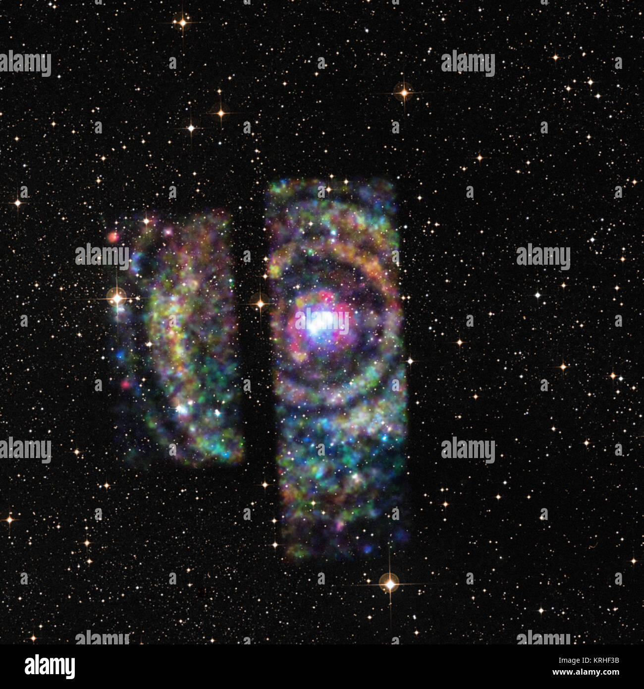 Les données de Chandra Circinus X-1 révèlent un ensemble de quatre joints toriques qui apparaissent comme des cercles autour de l'étoile à neutrons, fournissant une occasion rare pour déterminer la distance à un objet de l'autre côté de la Voie lactée. Ces anneaux peuvent être vus dans l'image composite de rayons x de Chandra (rouge, vert et bleu) avec une lumière visible de l'image digitalisée Sky Survey. Ces anneaux sont légers échos, qui sont produites quand une rafale de rayons X de la star système ricochets off de nuages de poussières entre Circinus X-1 et de la Terre. En combinant les rayons X avec des données de radio, les astronomes peuvent utiliser relativement simpl Banque D'Images