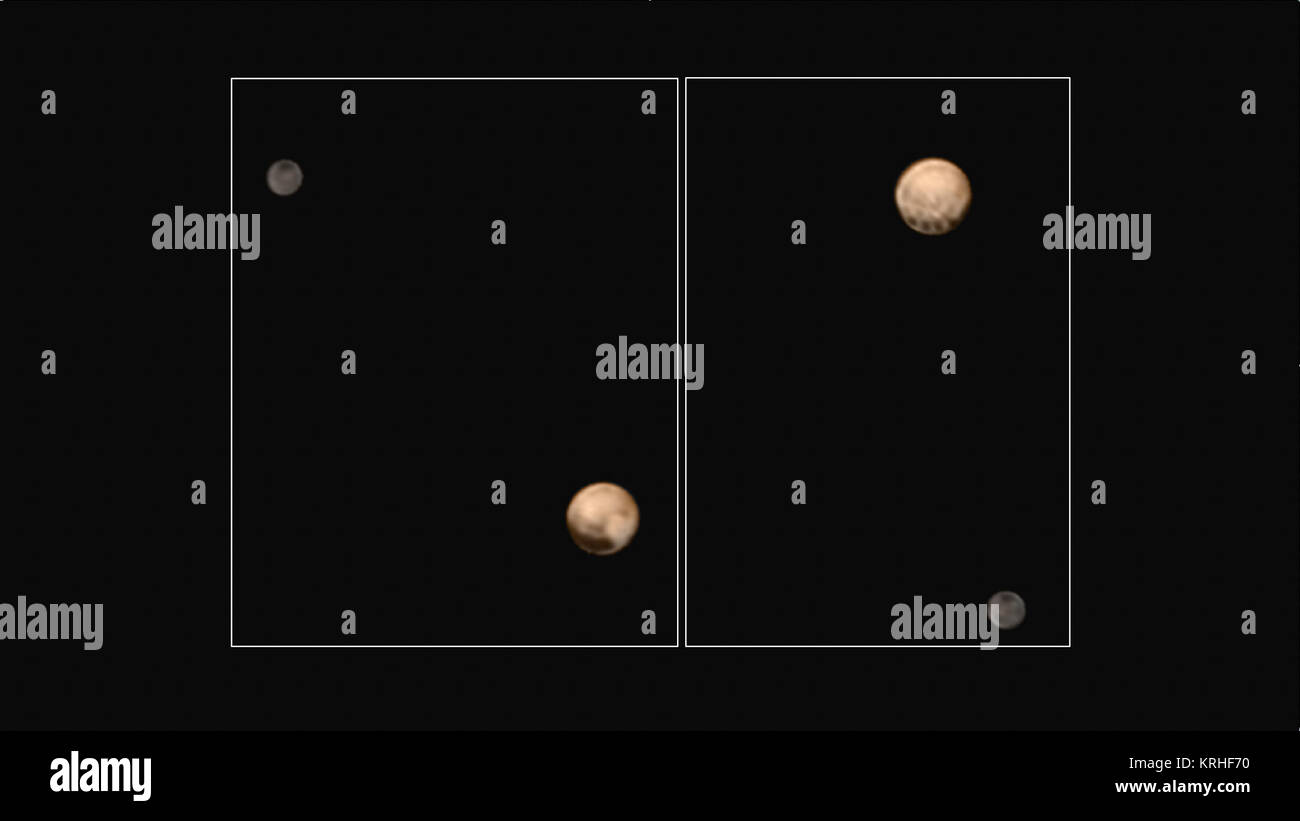 7-1-15 Pluton Charon hémisphères couleur JHUAPL SWRI-annotés de la NASA Banque D'Images