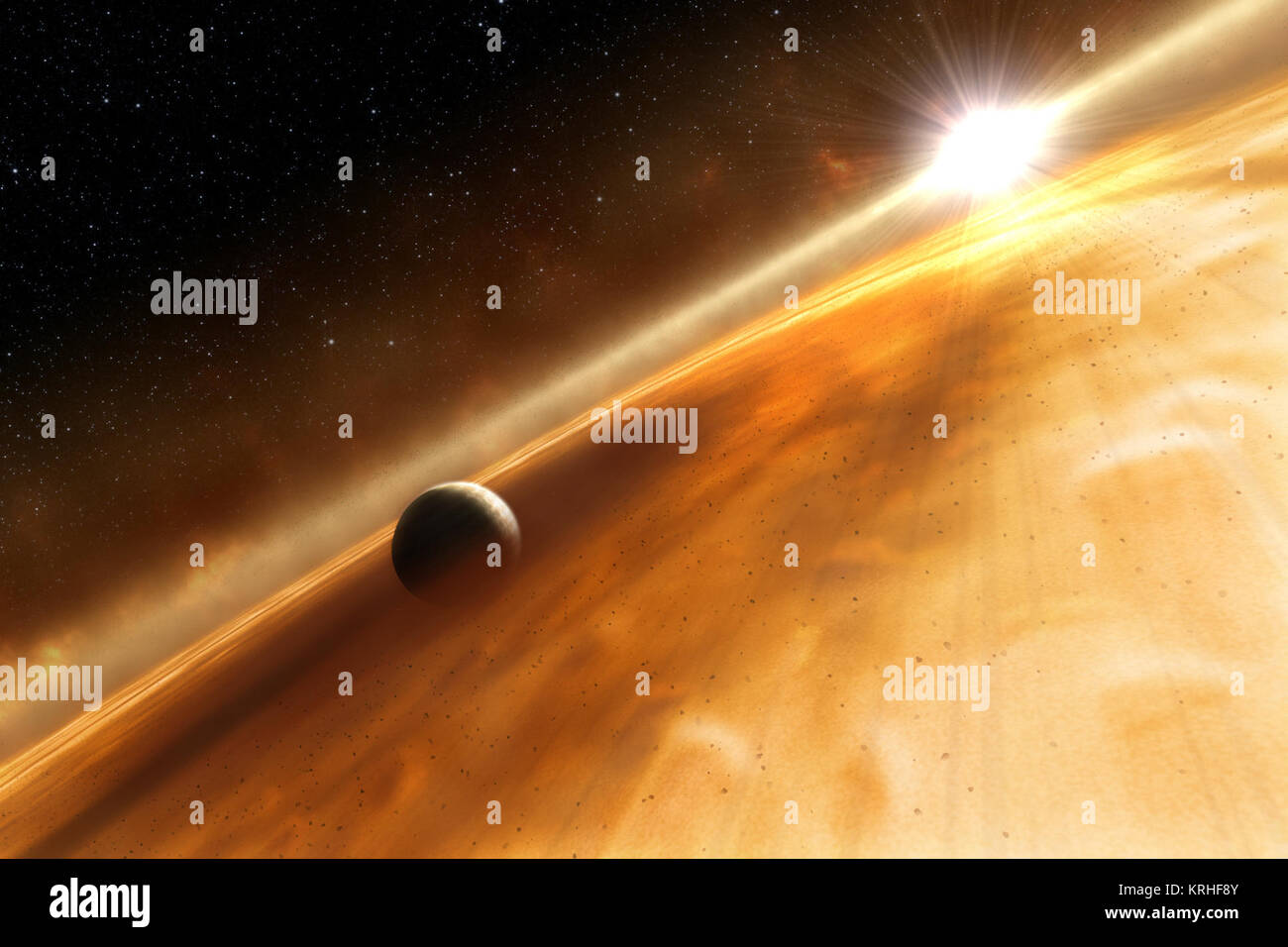 Cette illustration montre la planète nouvellement découverte, Fomalhaut b, en orbite autour de son soleil, de Fomalhaut. Une structure à base de brun et or entoure de Fomalhaut b. Cette structure est une Saturn-like ring que les astronomes peuvent entourer la planète. Fomalhaut est également entouré par un anneau de matériau. Fomalhaut planète Banque D'Images