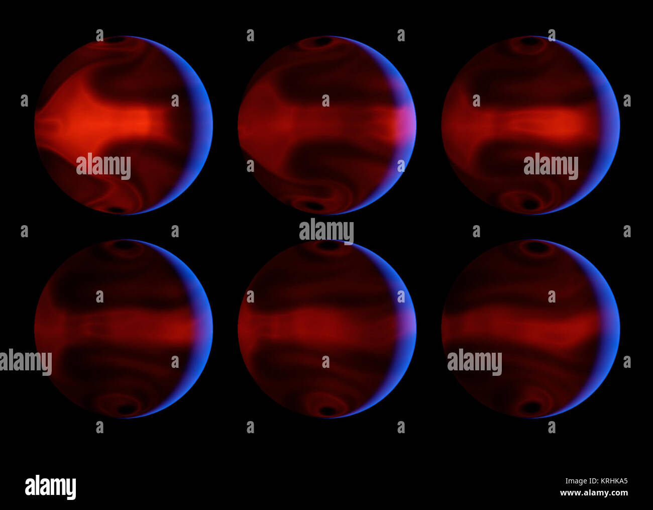 Ces images de synthèse graphique le développement de modèles météorologiques sévères sur l'exoplanète très excentrique HD 80606b pendant les jours après son passage au plus près de son étoile parente. Une exoplanète est une planète qui orbite autour d'une étoile autre que notre soleil. Les images ont été produites par des simulations sur ordinateur qui modélisait au télescope spatial Spitzer de la NASA de mesures du rayonnement thermique de la planète. Les six cadres sont régulièrement espacées dans le temps, à partir de 4,4 jours après l'approche étroite à l'étoile, un moment connu comme 'périastre,' et en 8,9 jours après périastre. La lueur bleue Banque D'Images