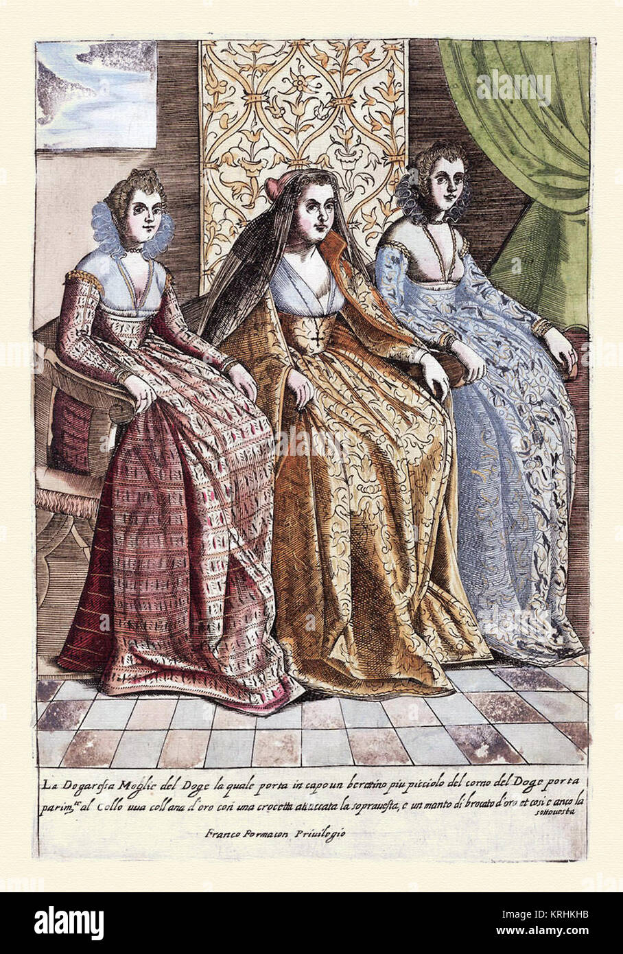 Esposa del Dogo de Venecia & acompañantes sus-Habiti d'hvomeni et donne venetiane 1609 Banque D'Images