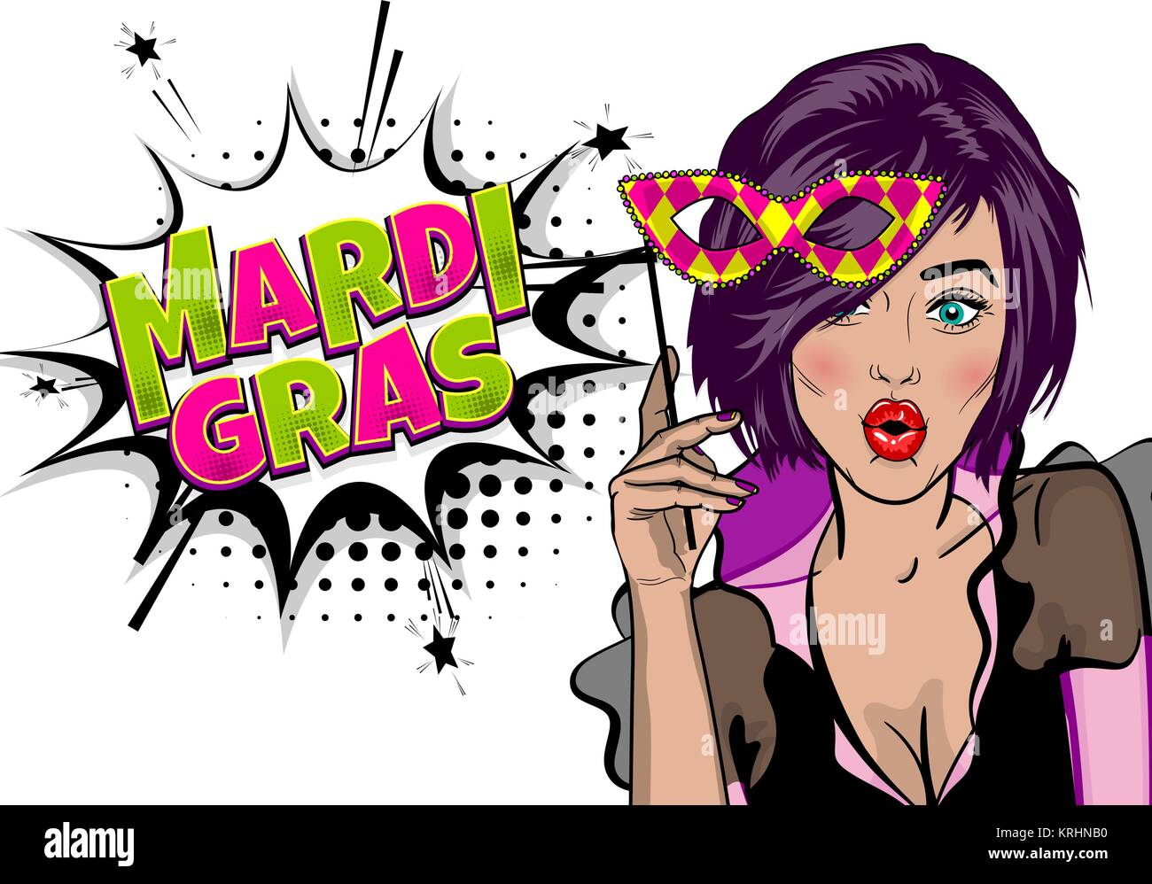 Pop art femme fille mode kitsch face wow. Maintenez le masque à la main. - Mardi Gras Mardi gras Carnaval Le carnaval dans un pays francophone. Comic Book cartoo Illustration de Vecteur
