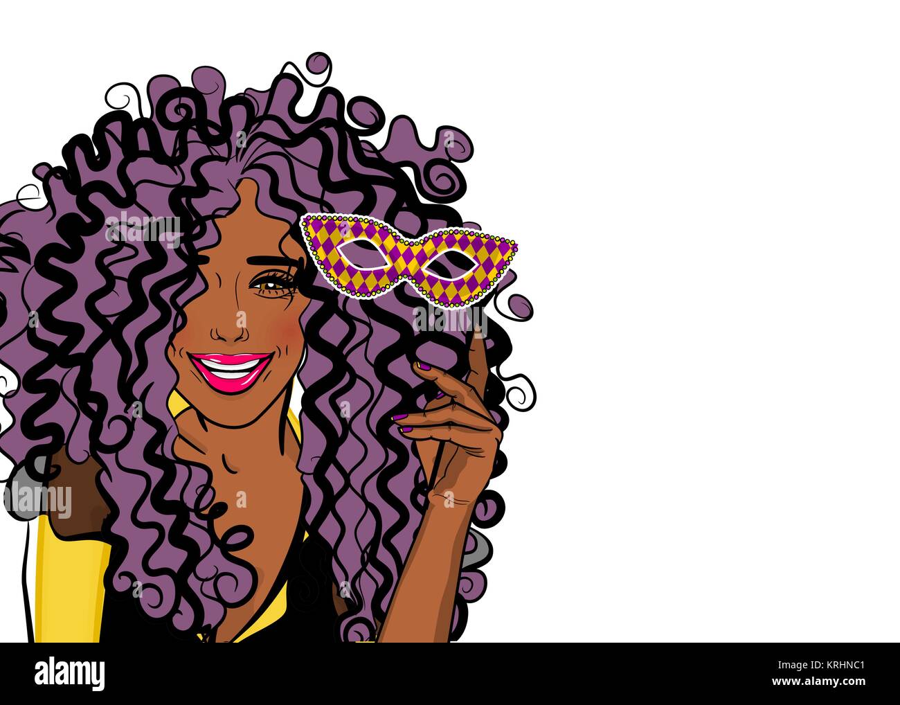 Femme fille sourire face à la mode kitsch dans mask african american black star pop art. Mardi Gras Mardi gras Carnaval Le carnaval pays français. Comic Book Illustration de Vecteur