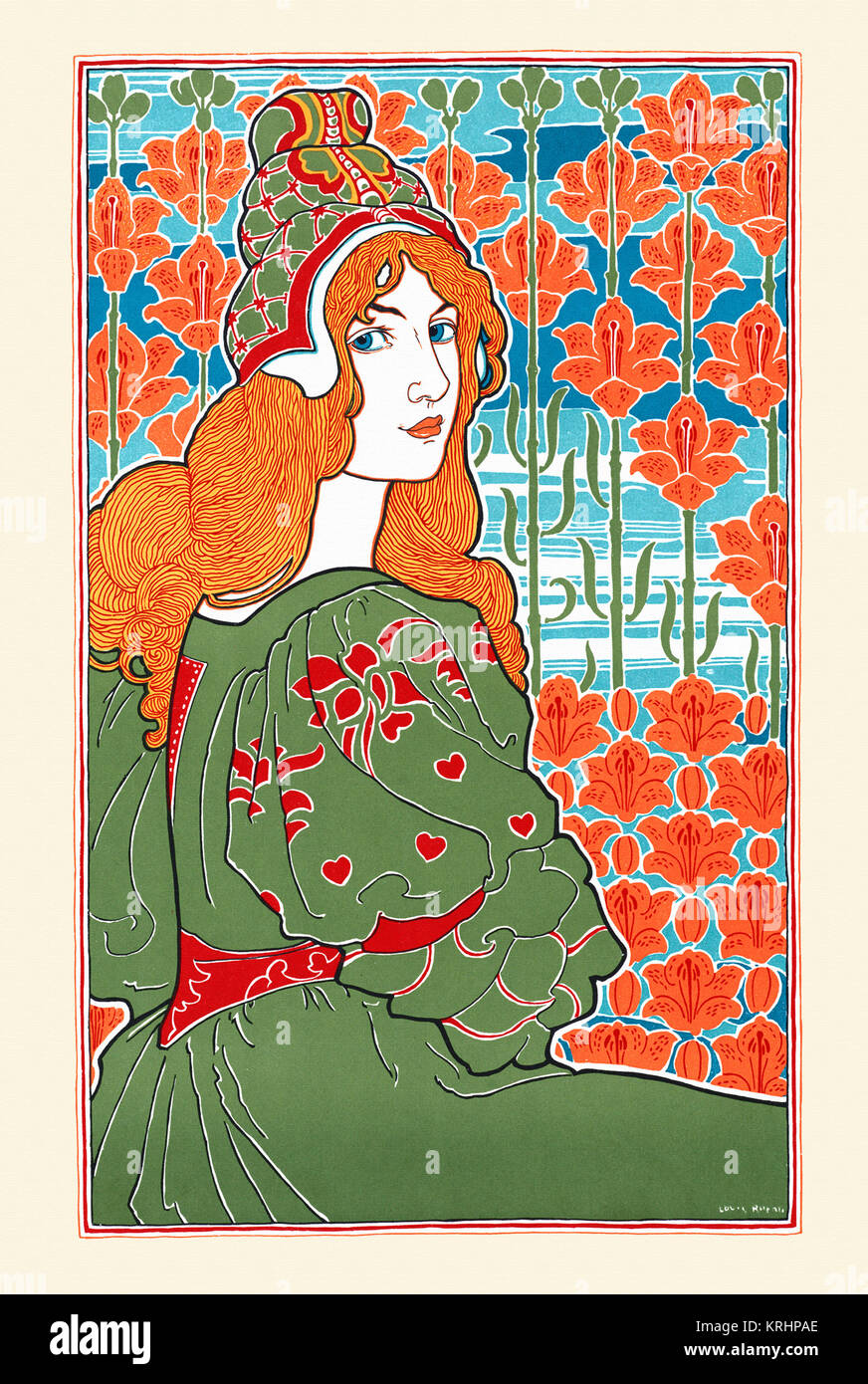 Femme regardant par-dessus son épaule avec fleurs stylisées dans l'arrière-plan Banque D'Images