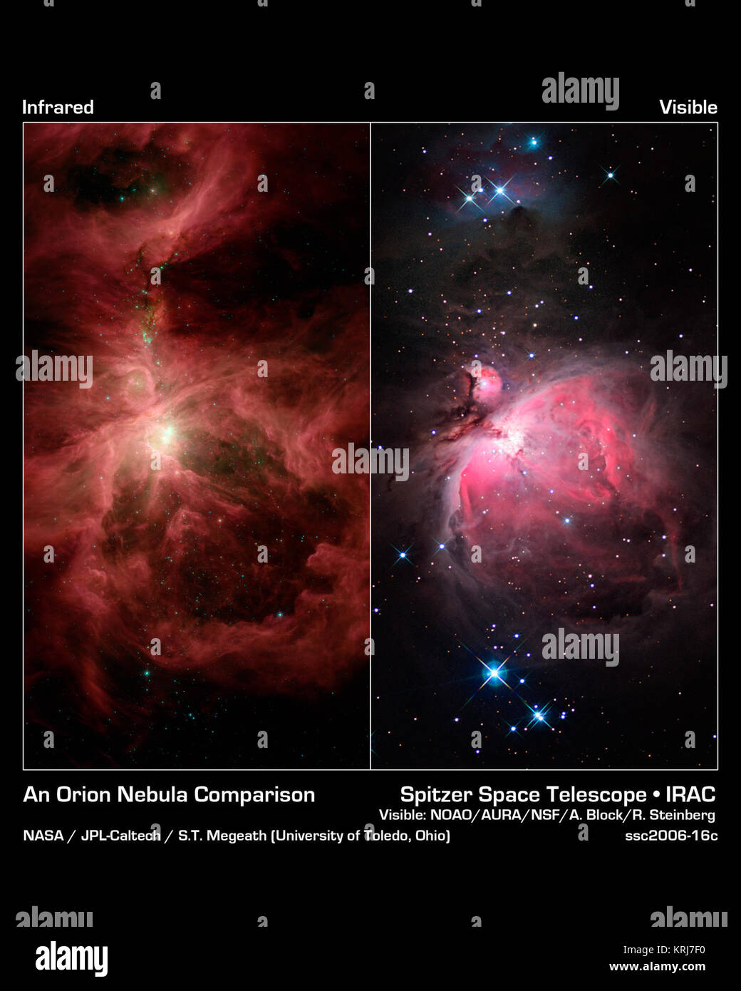 Cette image composite visible et infrarouge compare vues de la célèbre nébuleuse d'Orion et son environnement cloud, une région industrieuse étoiles situé près de l'épée du constellation Hunter. La photo est de l'infrarouge au télescope spatial Spitzer de la NASA, et l'image visible est de la National Optical Astronomy Observatory, basée à Tucson (Arizona) En plus d'Orion, deux autres nébuleuses sont visibles dans les deux images. La nébuleuse d'Orion ou M42, est la plus grande et prend la moitié inférieure de l'image ; le petit à l'angle supérieur gauche de la nébuleuse d'Orion est appelée M43 ; et la nébuleuse de taille moyenne Banque D'Images