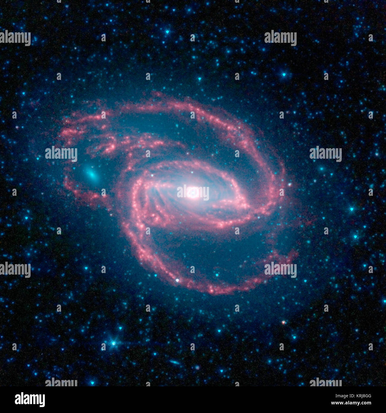 Au télescope spatial Spitzer de la NASA a une empreinte d'une créature sauvage de l'obscurité -- une galaxie spirale avec un oeil objet ressemblant à son centre. La galaxie NGC 1097, appelé, est situé à 50 millions d'années-lumière. C'est forme de spirale comme notre Voie Lactée, avec de longs bras maigres d'étoiles. L 'oeil' au centre de la galaxie est en fait un monstrueux trou noir entouré par un anneau d'étoiles. Dans ce code de couleur vue dans l'infrarouge de Spitzer, la zone autour de l'invisible trou noir est bleu et l'anneau d'étoiles, de blanc. Le trou noir est immense, environ 100 millions de fois la masse de notre soleil, et est l'alimentation de l'alimentation en gaz et Banque D'Images