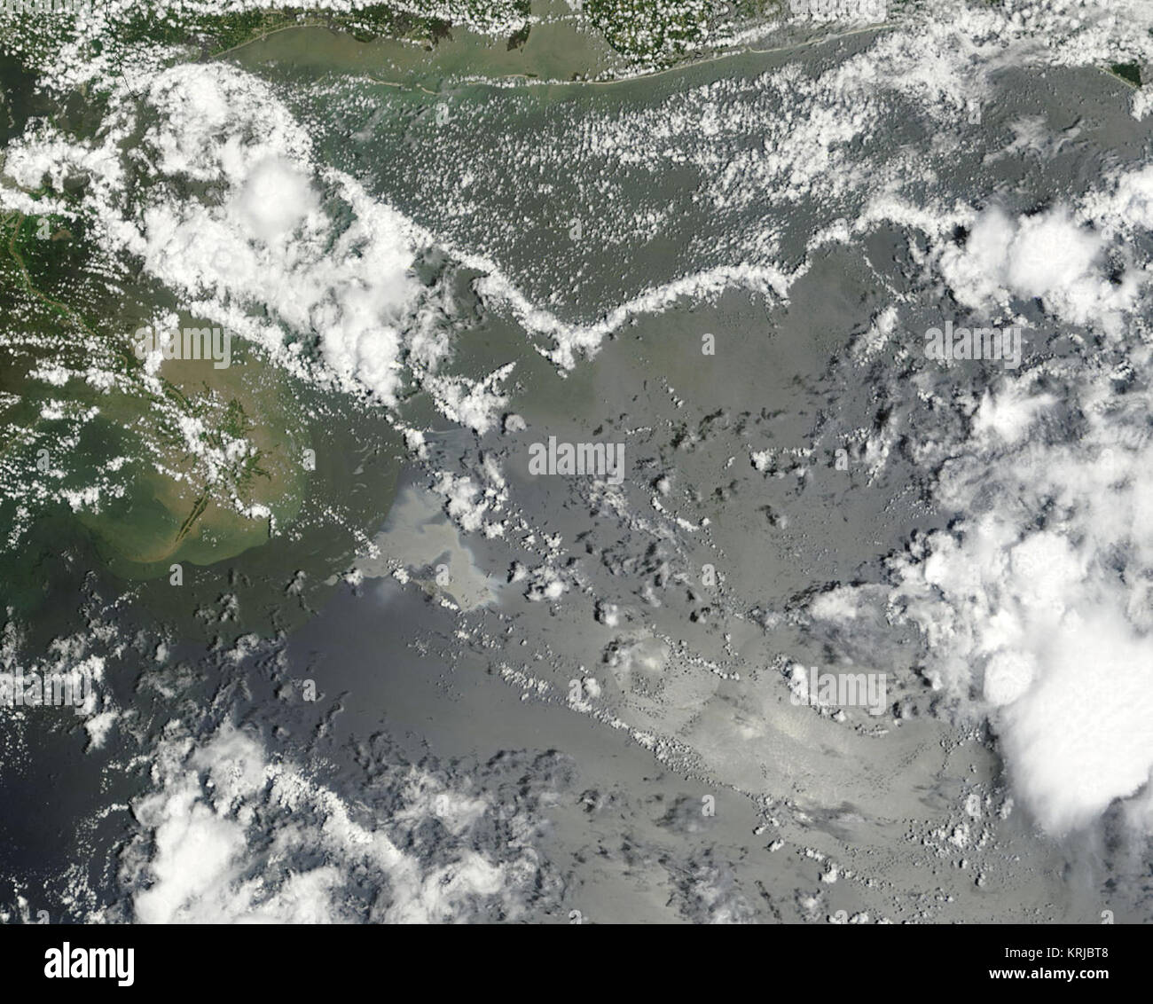 NASA image acquise le 4 juillet 2010 l'huile du puits de pétrole endommagé Deepwater Horizon s'attarda sur le delta du Mississippi le 4 juillet 2010. Le Spectromètre imageur à résolution moyenne (MODIS) de la NASA sur Terra a repris cette image en couleurs naturelles de la même journée. L'huile apparaît comme une lumière inégale forme grise est-sud-est du delta. L'huile était visible pour le 4 juillet Modis grâce à sunglint. Oil lisse la surface de l'eau, ce qui en fait un meilleur miroir de la lumière du soleil. En conséquence, près de la réflexion du soleil, l'huile est plus clair que l'eau environnante. C'est particulièrement vrai entre le Mississ Banque D'Images