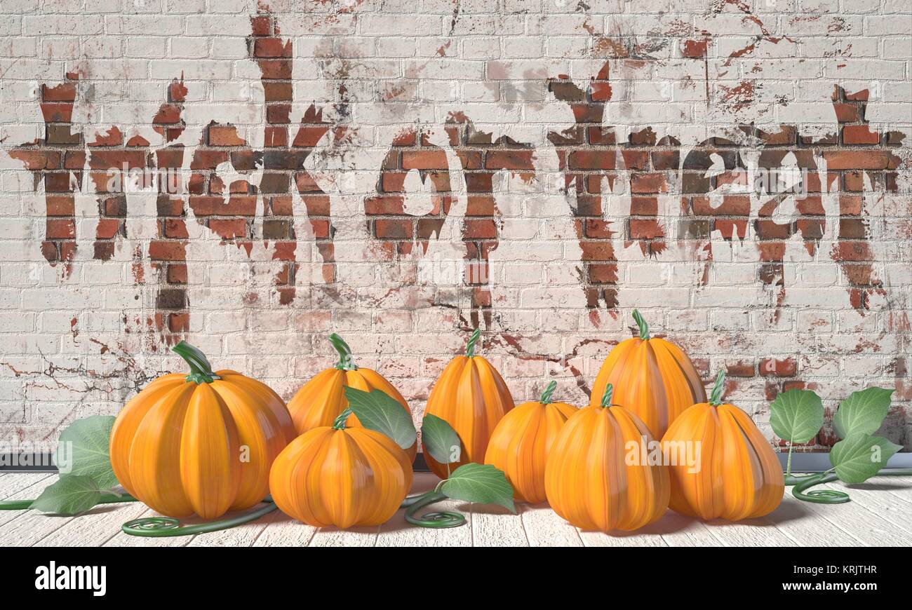 Trick or Treat. Message d'Halloween avec des citrouilles et feuilles vertes sur un plancher en bois. 3D Banque D'Images