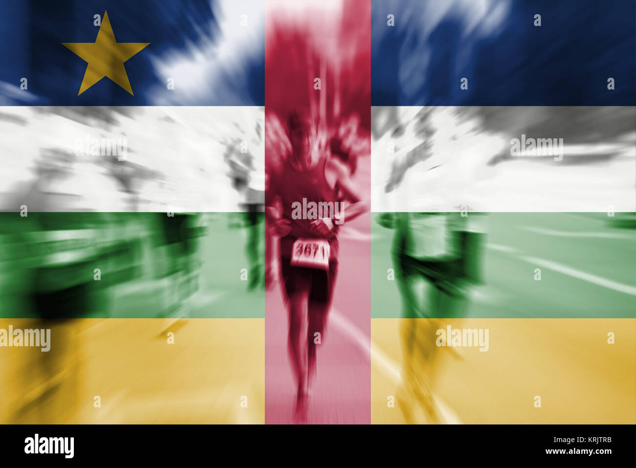 Coureur de marathon de flou avec drapeau rep de l'Afrique centrale Banque D'Images