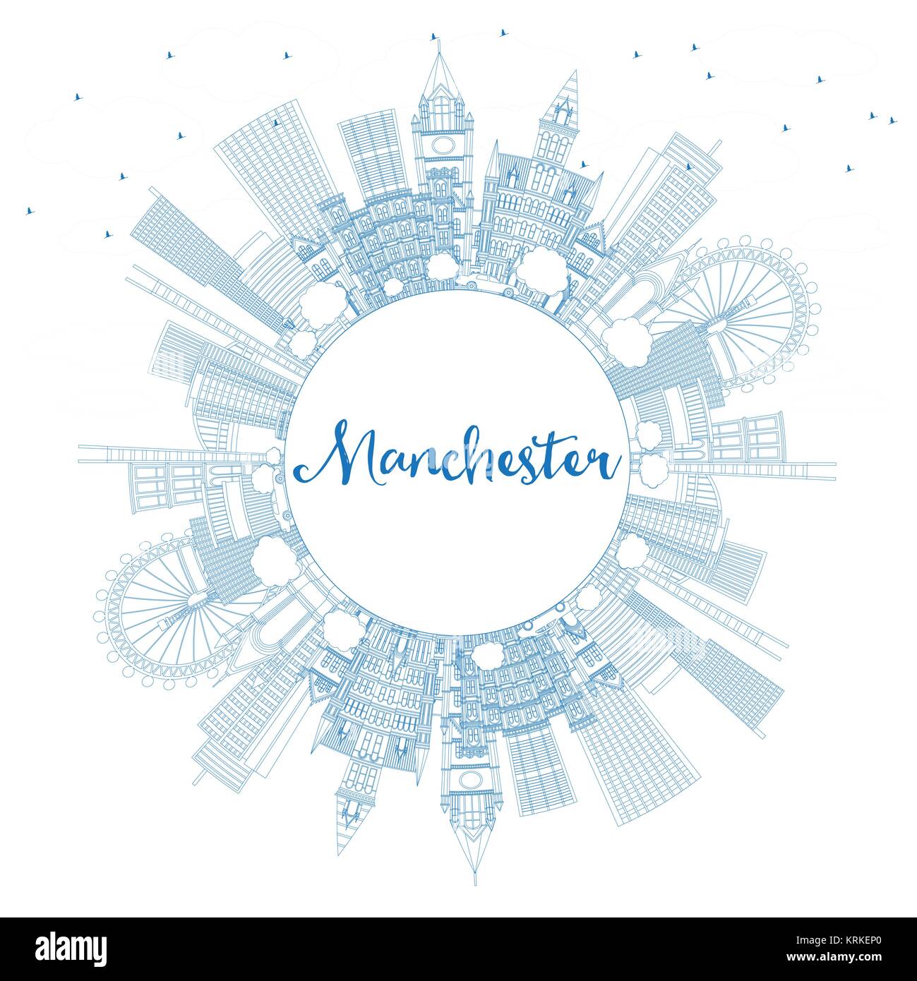 Aperçu de l'Angleterre Manchester City Skyline avec bâtiments bleu et copier l'espace. Vector Illustration. Les voyages d'affaires et tourisme Concept Illustration de Vecteur