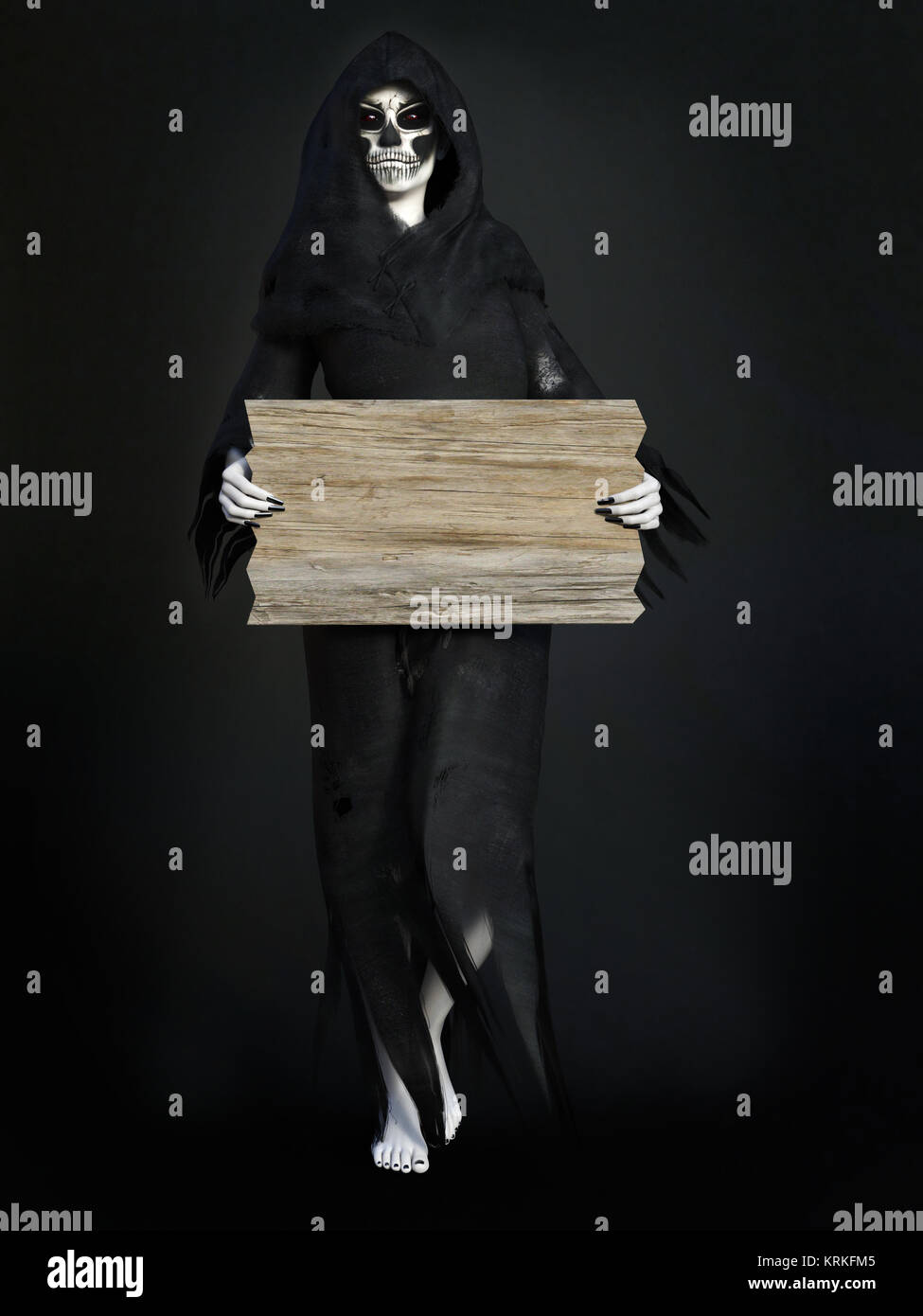 Le rendu 3D de femme ou une sorcière reaper holding blank sign. Banque D'Images