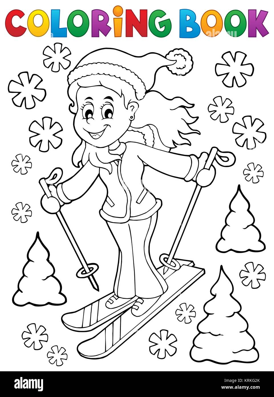 Livre de coloriage femme ski thème 1 Banque D'Images