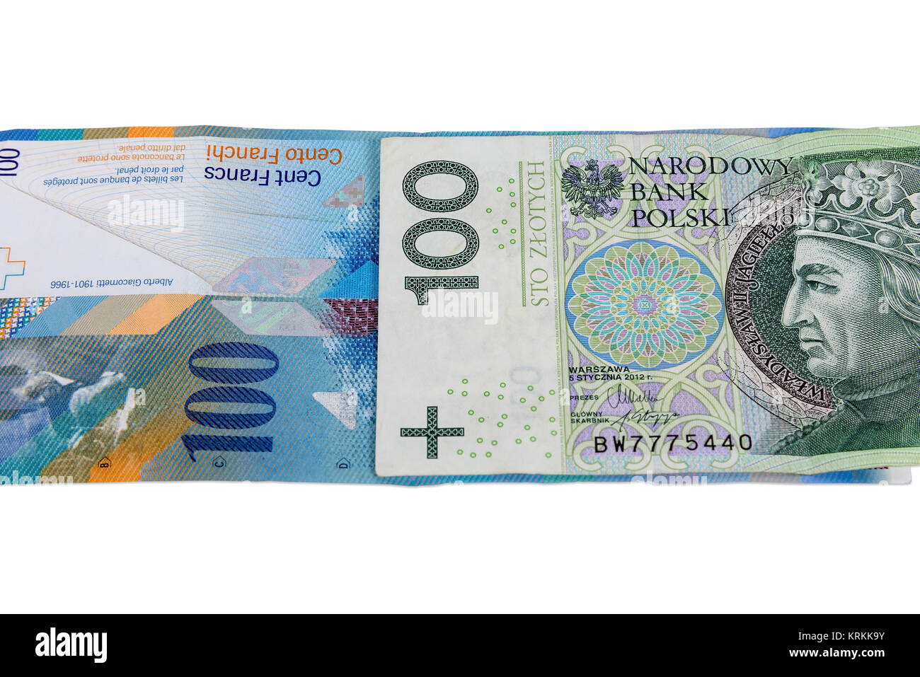 Billets de 100 pln et franc suisse Banque D'Images