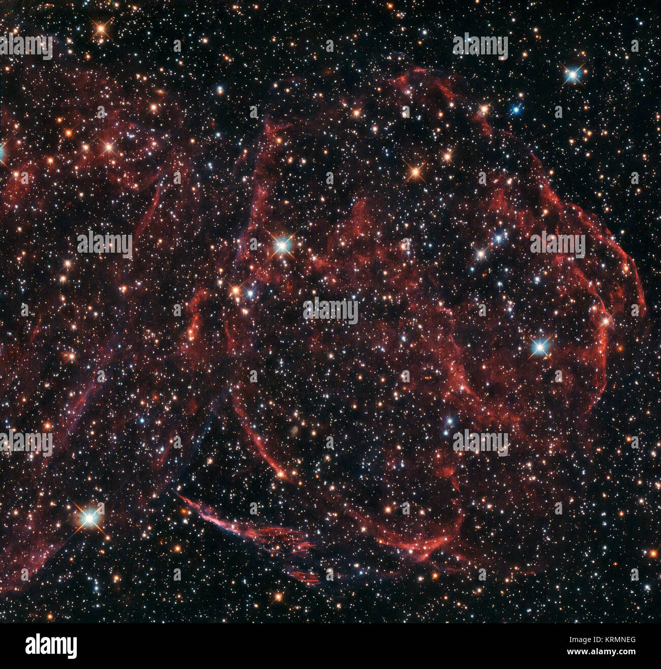 Cette NASA/ESA Hubble Space Telescope les captures d'image les restes d'une étoile morte. Ces vagues traînées de gaz ionisé, nommé L316A DEM, sont situés à environ 160 000 années-lumière dans l'un des plus proches de la Voie Lactée galactic voisins - le Grand Nuage de Magellan (LMC). L'explosion qui a formé L316A DEM a été un exemple d'autant plus énergique et lumineux variété de supernova, connu comme un type I bis de tels événements supernova sont censés se produire lorsqu'une étoile naine blanche vole plus de matériel qu'il ne peut en traiter à proximité d'un compagnon, et se déséquilibre. Le résultat est une sortie spectaculaire o Banque D'Images