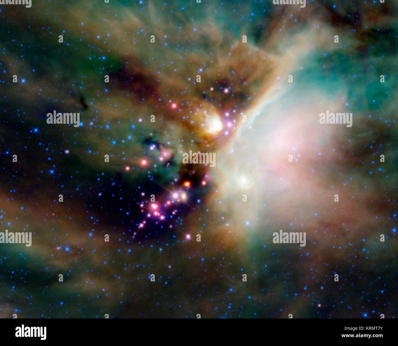 Une riche collection d'objets astronomiques est révélée dans ce pittoresque image du nuage Rho Ophiuchi de NASAÕs complexe Wide-field Infrared Explorer, ou sage. Le nuage de Rho Ophiuchi (prononcé Ôoh-fee-yoo-kiÕ et nommé d'après une étoile brillante dans la région) se trouve l'augmentation au-dessus du plan de la Voie lactée dans le ciel nocturne, en bordure de l'Ophiuchus constellations et Scorpius. ItÕs l'une des régions d'étoiles en formation le plus proche de la Terre, nous permettant de résoudre beaucoup plus de détails que dans les régions plus éloignées, comme la même nébuleuse d'Orion. L'étonnante variété de couleurs différentes dans ce Banque D'Images