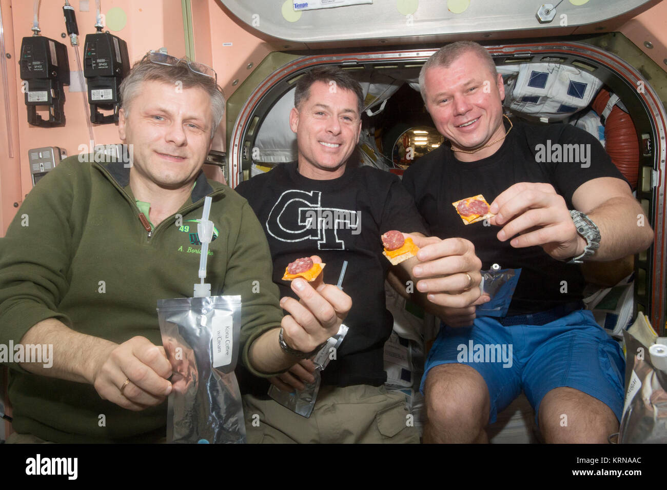 ISS-50 Andrei Borisenko, Shane Kimbrough et Oleg Novitski dans le nœud de l'unité Banque D'Images