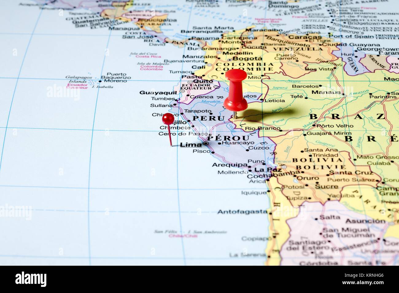 Sur les broches de la carte de l'Amérique du Sud Banque D'Images