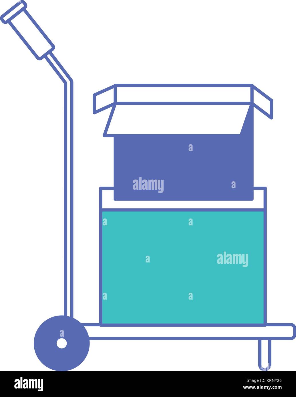 Camion de main avec des boîtes en carton empilées et un ouvert en bleu et violet sections couleur ossature Illustration de Vecteur