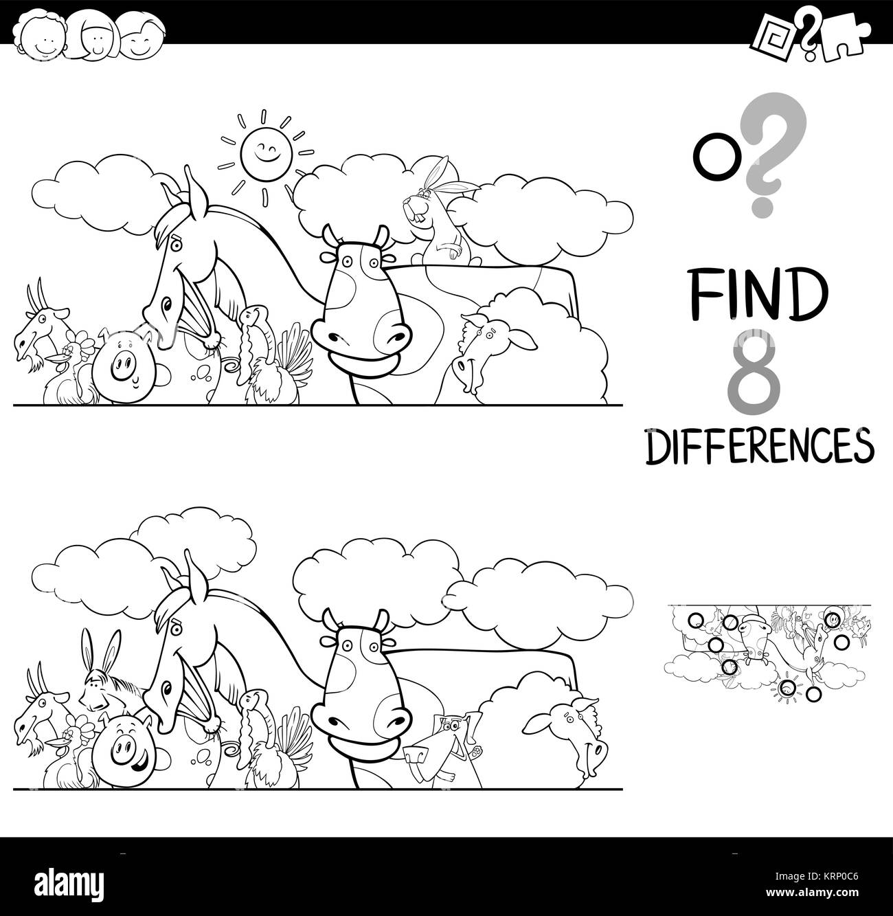 Illustration Cartoon noir et blanc de trouver 8 différences entre deux images Activité éducative Game pour enfants avec des caractères des animaux de ferme Illustration de Vecteur