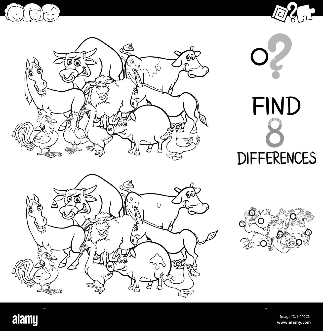Illustration Cartoon noir et blanc de trouver 8 différences entre images Activité éducative Game pour enfants avec des caractères des animaux de ferme Grou Illustration de Vecteur