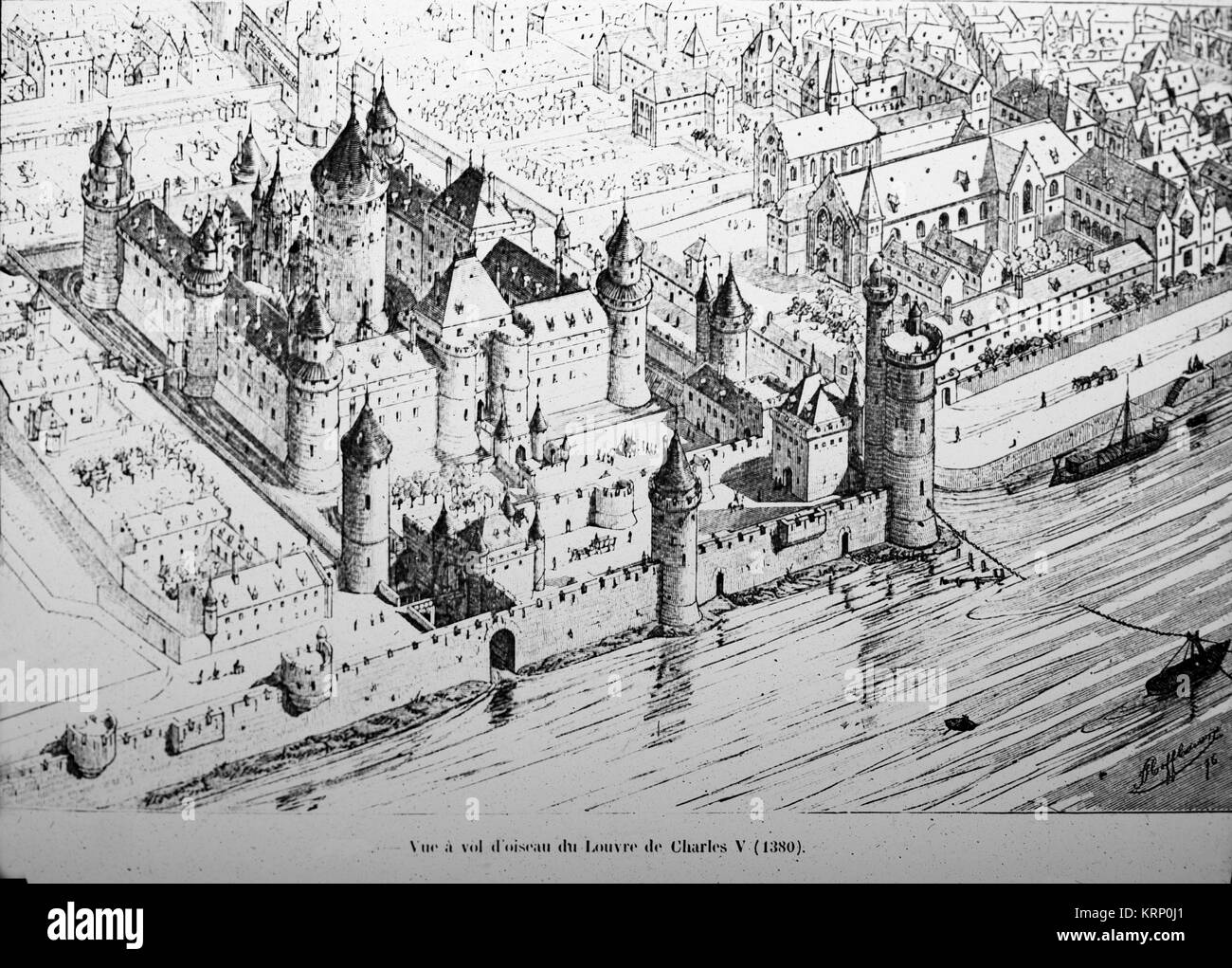 Gravure en noir et blanc montrant le Louvre à Paris, France autour de 1380, l'époque du roi Charles V. Banque D'Images