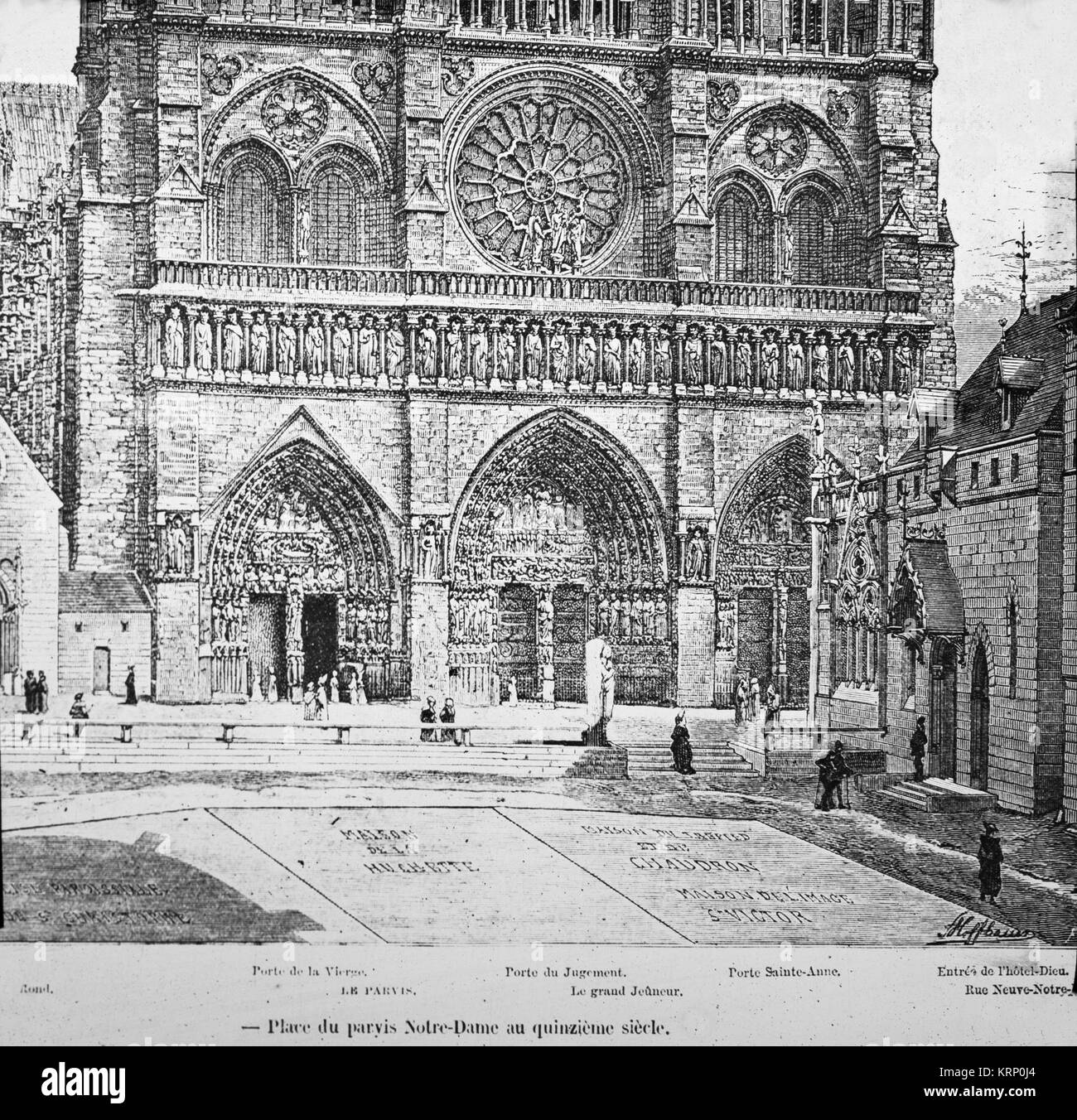 Gravure montrant la place du parvis de la Cathédrale Notre-Dame, à Paris, pendant l'époque médiévale. Banque D'Images