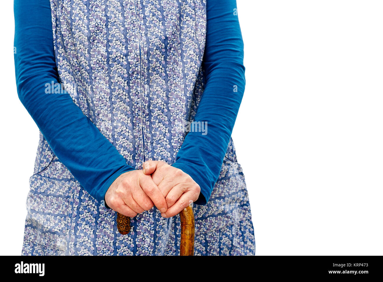 Alte Frau mit blauer schürze und vor stock weiss Banque D'Images