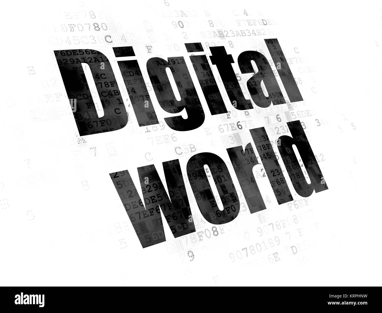 Concept de données : Texte noir pixélisé sur monde numérique Digital background Banque D'Images