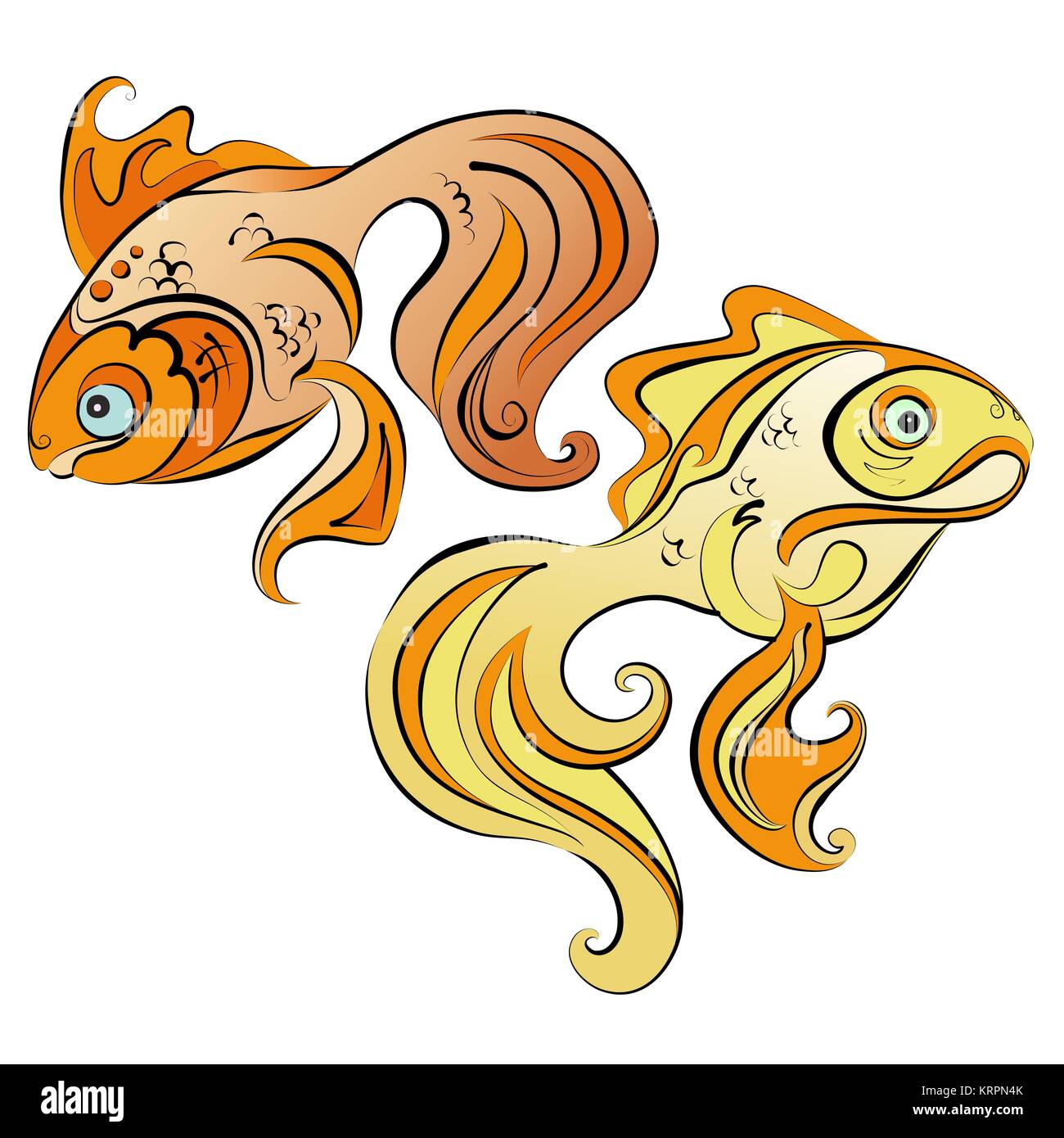 Illustration de deux poissons d'or stylisées sur fond blanc Banque D'Images