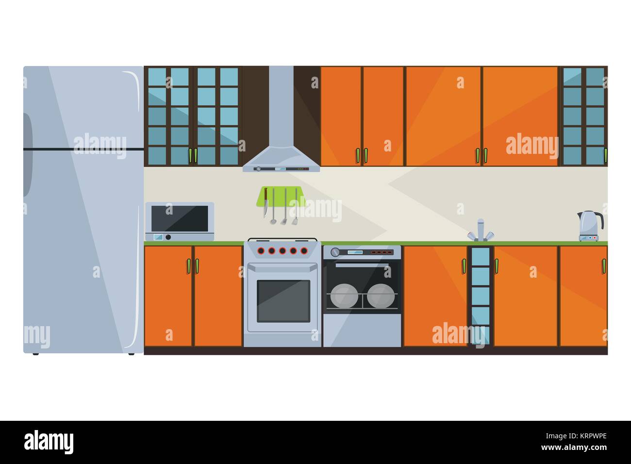 Illustration détaillée d'une cuisine entièrement équipée en orange Illustration de Vecteur