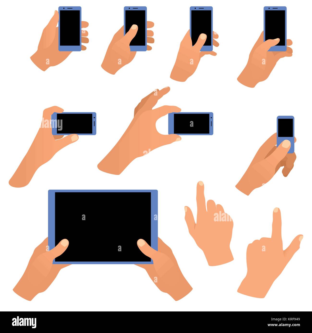 Collection de mains holding phone et tablette isolé sur fond blanc Illustration de Vecteur